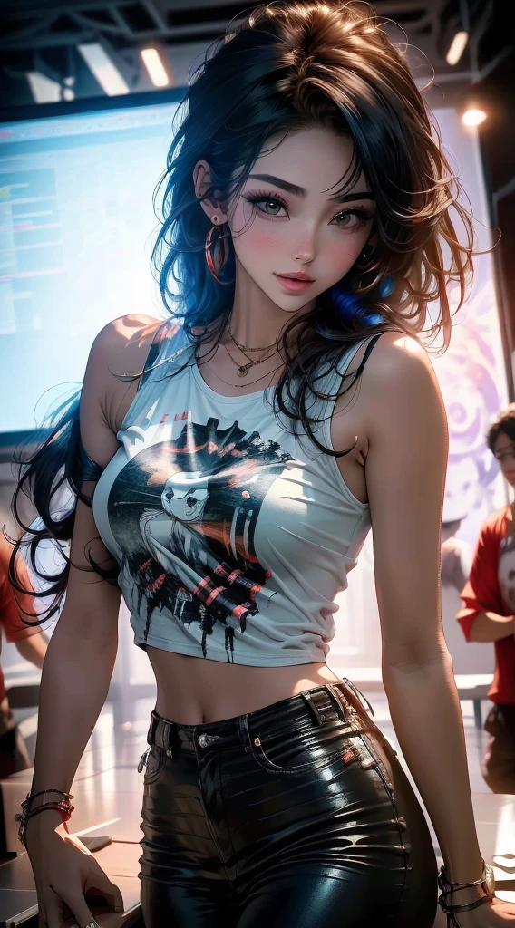 An Alafif woman wearing a pink one-shoulder top and denim shorts is standing in front of a building, show your armpits、brown hair and a Perfect Body,  in street attire in  and shorts ,  beautiful body and face , Perfect Body, constricted waist, Sophie Mudd Portrait,  young and sweet girl ,   Girl Working At A Flower Shop, 24 year old girl model ,   Girl Working At A Flower Shop wearing shorts, Perfect Body and face, Nice young girl、、 proportions、