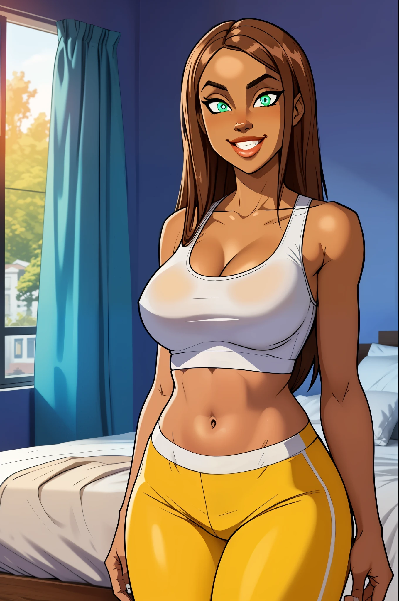 score_9_up, score_8_up, score_7_up, absurdres, masterpiece, HD, highres, Catalina Leone, 1girl, dark skin, detailed eyes, thick lips, green and white stripped top, long hair, short top, navel, athletic body, yellow pants, smiling, large breasts, thick thighs, bedroom, cozy bedroom, vivid colors, beautiful eyes, relaxed, large pupils, no nipples