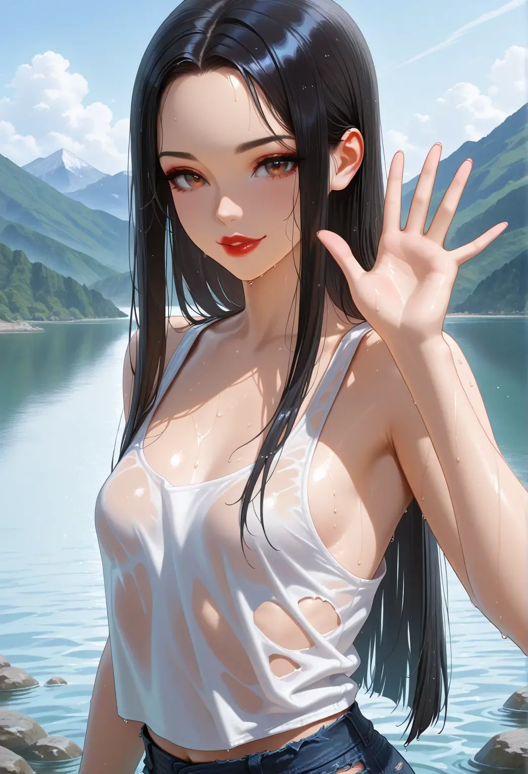 (4K,masterpiece,best quality,ultra detailed),(cowboy shot,from front:1.2),(daylight,bloom),looking viewer,female,(teenage),(medium hair,silky hair,straight hair,black hair),(beautiful detailed face,beautiful detailed eyes,finely detailed skin,medium breast,medium hips,fair skin),light smile,shy,(white swimsuit:1.2),on pool side,realistic,