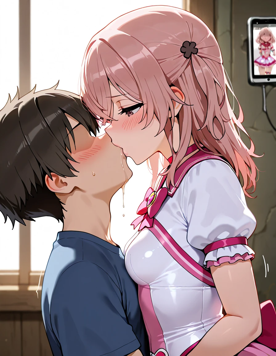 A girl with short black hair and small breasts wearing only a chic skirt and a floral  on a train is crying in disgust as a  touches her breasts over her .