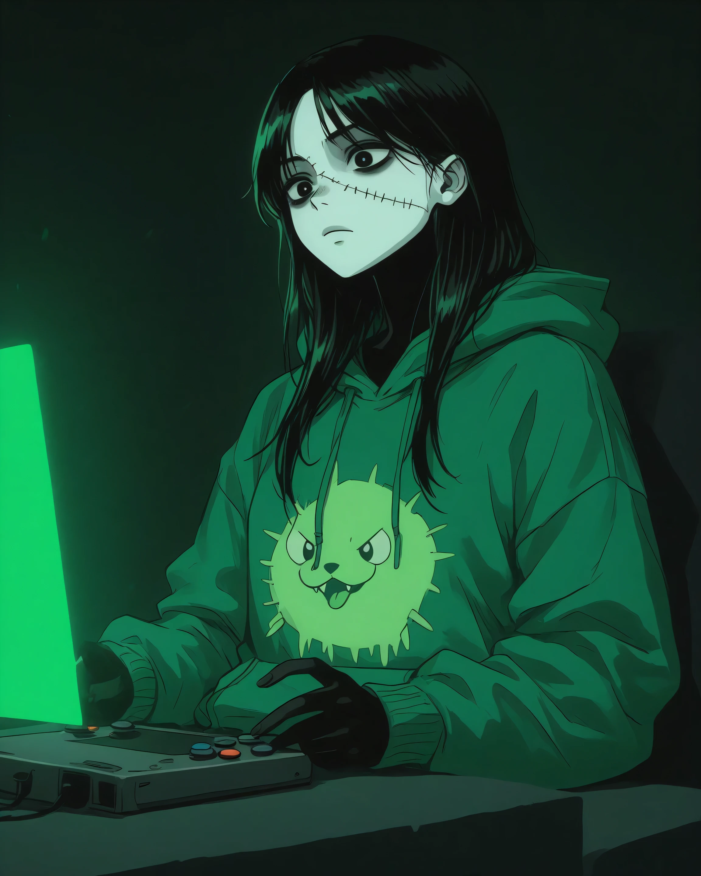 Wednesday Addams portrayed as a black skin girl with a stitches, playing video games on a green tab, wearing a green hoodie, with a green pet beside her, green theme
