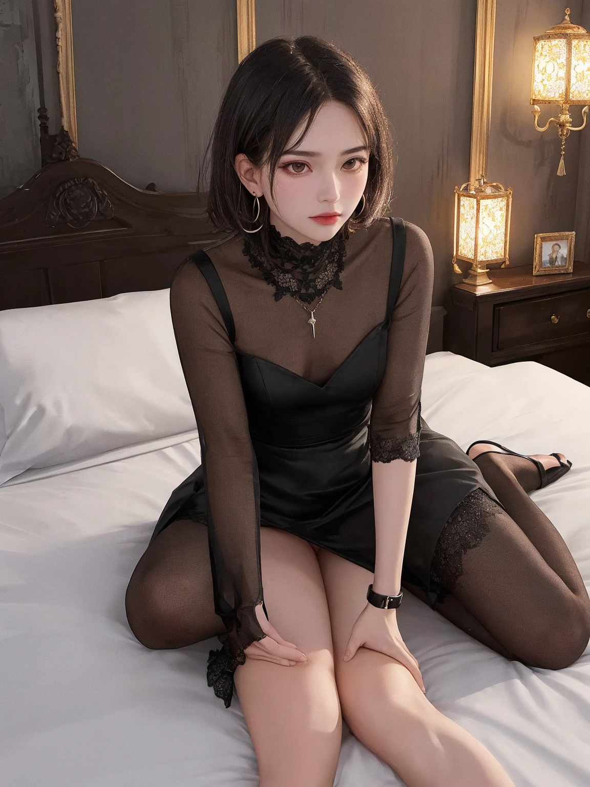 ((masterpiece)), ((best quality)), (ultra-detailed), ((extremely detailed)), 4K, (8K), best quality, a beautiful woman, (( gray hair)),  ((curly bob cut)), light blue eyes, detailed skin, freckled skin, 　20 years old, 
((wavy hair, hair covering one eye, black Y-shirt with open front)), ((black suit)), face down, looking at me,  solid beige background, Like the model, photorealistic, cool, serious, ((Sitting cross-legged on a stool)), sitting, Perfect legs, precise legs.
,crossed legs