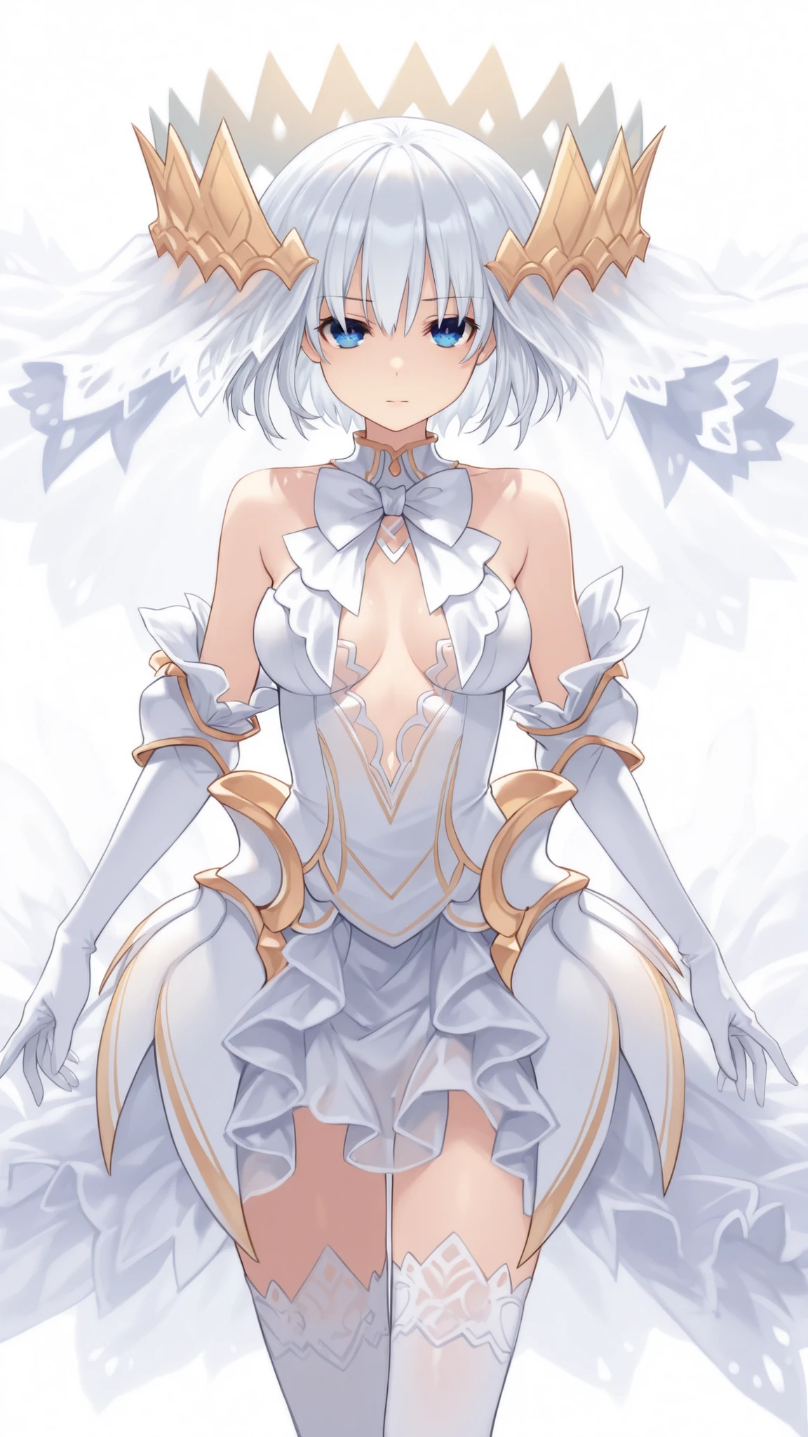 (masterpiece), (best quality), (ultra-detailed), AngelOrigami, tobiichi origami, 1girl, solo, looking at viewer, short hair, blue eyes, medium breasts, closed mouth, white hair, bridal veil, agl_thighhighs, agl_dress, agl_gloves, agl_veil, floating, see-through, (((detailed face))), (upper body), white background, illustration, disheveled hair, detailed eyes, perfect composition, moist skin, intricate details,