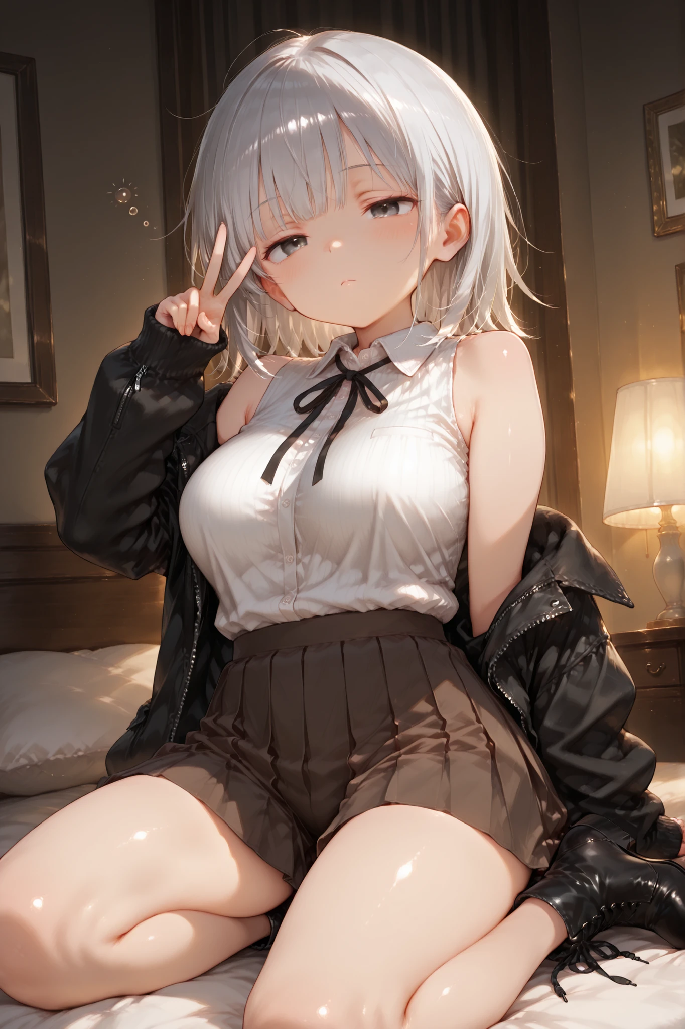 Shiny skin, Babe, character, haruone.
masterpiece, best quality, ultra detailed, high resolution, 8k, dynamic lighting.
a cute anime girl, very slim waist, curvy figure, slender figure, soft curves, medium-large breasts.
# body
very slim waist, curvy figure, slender figure, soft curves, medium-large breasts.
# hair
short silver wolf-cut hair, bob length, untied, single hairstyle only.
# eyes
sharp silver eyes, sleepy eyes, half-open eyelids, faint glow.
# expression
blank expression, sleepy dull gaze, unfocused eyes, neutral face, emotionless mood.
# outfit
wearing black sleeveless shirt:1.2, oversized sheer white zipper-up jacket (ultra-thin chiffon or organza, semi-transparent, airy drape, long sleeves over wrists, hem untucked), jacket partially removed,
outfit lower: khaki gaucho culottes pants with sash tie, crisp pleats, mid-high waist, thick matte twill, dense weave, lined front panels, opaque fabric,
footwear: matte black suede chunky-heel ankle boots (4–5cm).
# pose
sitting casually on bed, sleepy posture, one leg slightly bent, right hand raised making peace sign near face, shoulders slightly slouched, relaxed body balance.
# background
bedroom interior at night, soft dim warm lighting, cozy atmosphere, bed visible behind, faint night light glow.
# composition
upper knee view, front angle, fine line art, delicate line drawing, thin outlines, clean outlines, minimal noise.