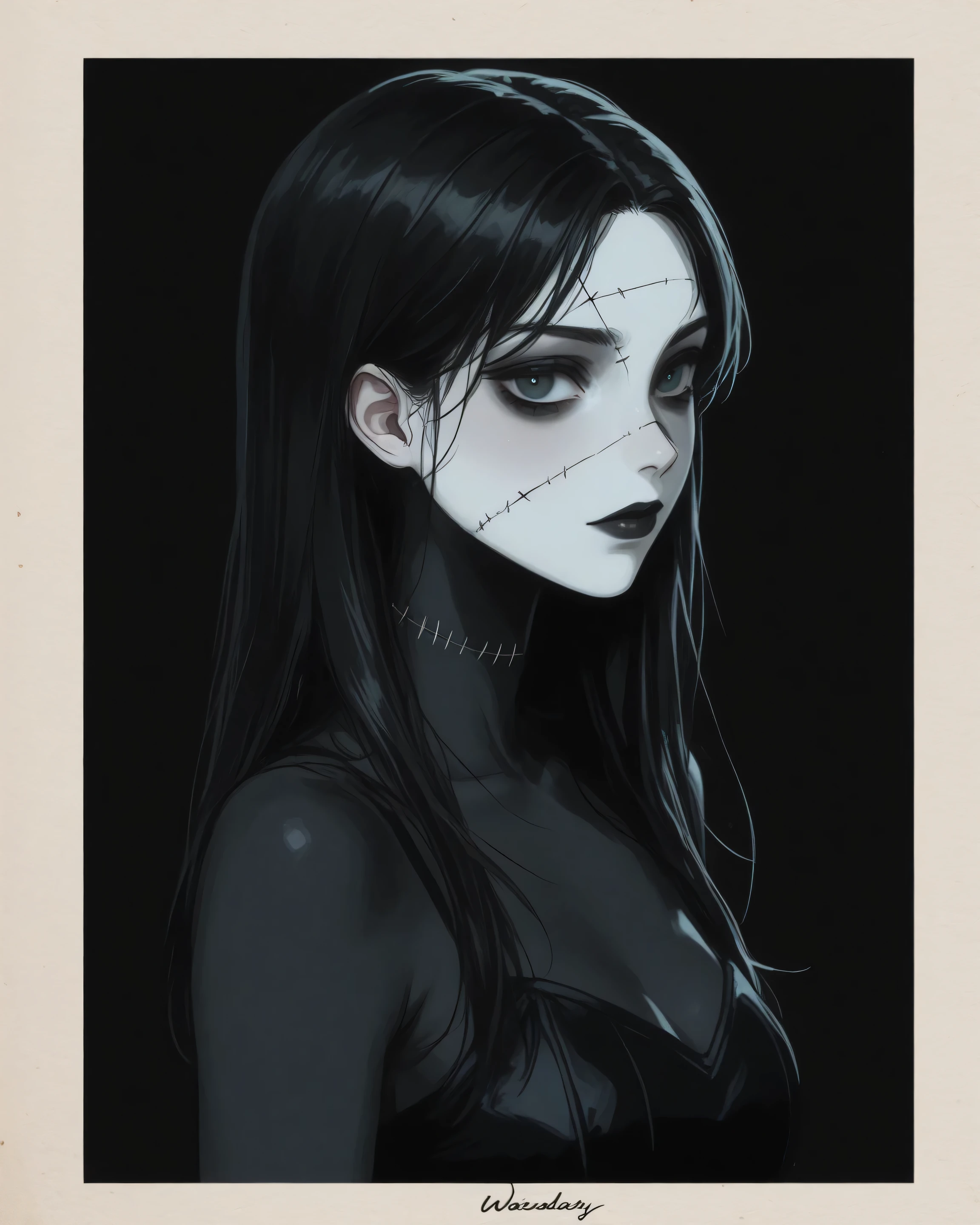 Wednesday Addams portrayed as a black skin girl with stitches in a velvet Polaroid dreams