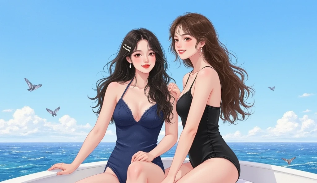 Best Quality, Illustration, Ultra-detailed, finely detail, hight resolution, 8K Wallpaper, Perfect dynamic composition, Beautiful detailed eyes, Young and attractive Thailand woman 3 people、22 years old, bbw、pink green lingerie、lace bra、 String bread、Long Wave Hair、A smile、 top-quality、Overwater Cottage