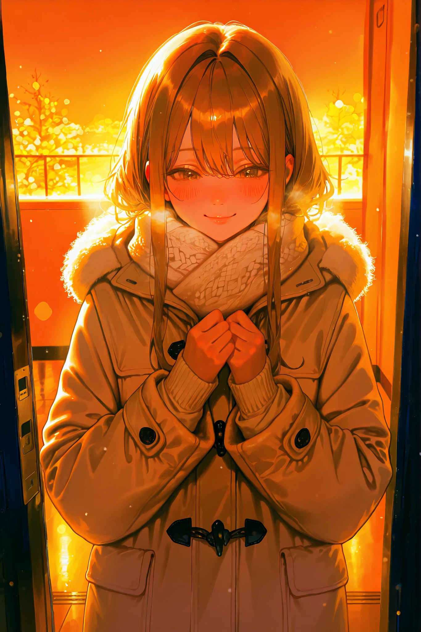 Winter Apartment Entrance、Smiling girlfriend、Blushed Cheeks、Winter clothing、The point of view with the door open、cute atmosphere in the waiting room、4K High Resolution,Rich Details,Delicate Paintings,Realistic,bokeh effect,HDR,studio lighting with a serious face,natural light, Winter Scents ,Light Snow、cold climate,warm color,Soft Clothes