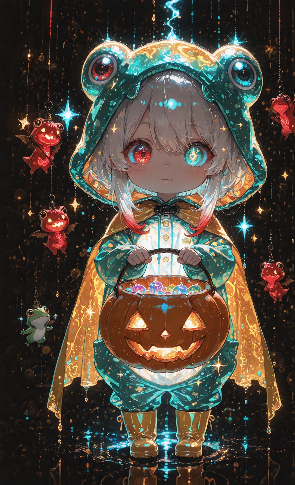 masterpiece, best quality, ultra-detailed:1.3, chibi style, 1girl, solo, pure white hair with soft gradient red tips, heterochromia crimson red right eye:1.3 and ice blue left eye:1.3, fair skin, wearing bright green frog onesie with yellow cape, yellow rain boots, glowing lights, glowing effect, sparkling particles, glitter effect, bokeh, light reflection, neon art, neon lineart, colorful neon outlines, vibrant colors, high contrast, black background, holding jack-o-lantern bucket, playful expression, sparkling bats and ghosts surrounding her, standing pose facing viewer, clean polished illustrative style, soft lighting, Halloween atmosphere