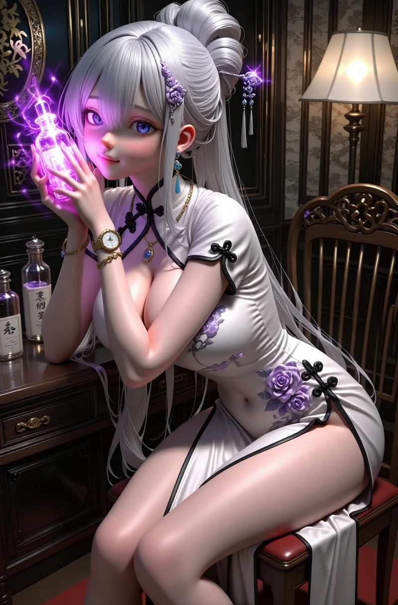 Best Quality, One Girl, Warm Lighting, Silver Hair on the Top of the Head and Pink at the Tips, Cute, Anime, Sheer White Skin, Asian Girl, Full Body, Sensual, Gentle Eyes, Cat Ears, Animation, Fantasy, Seductive, Shy Face, 14 Years Old, Frightened, White Dress, Collar, Tail, Wizard, Fantastic, Portrait, See-Through