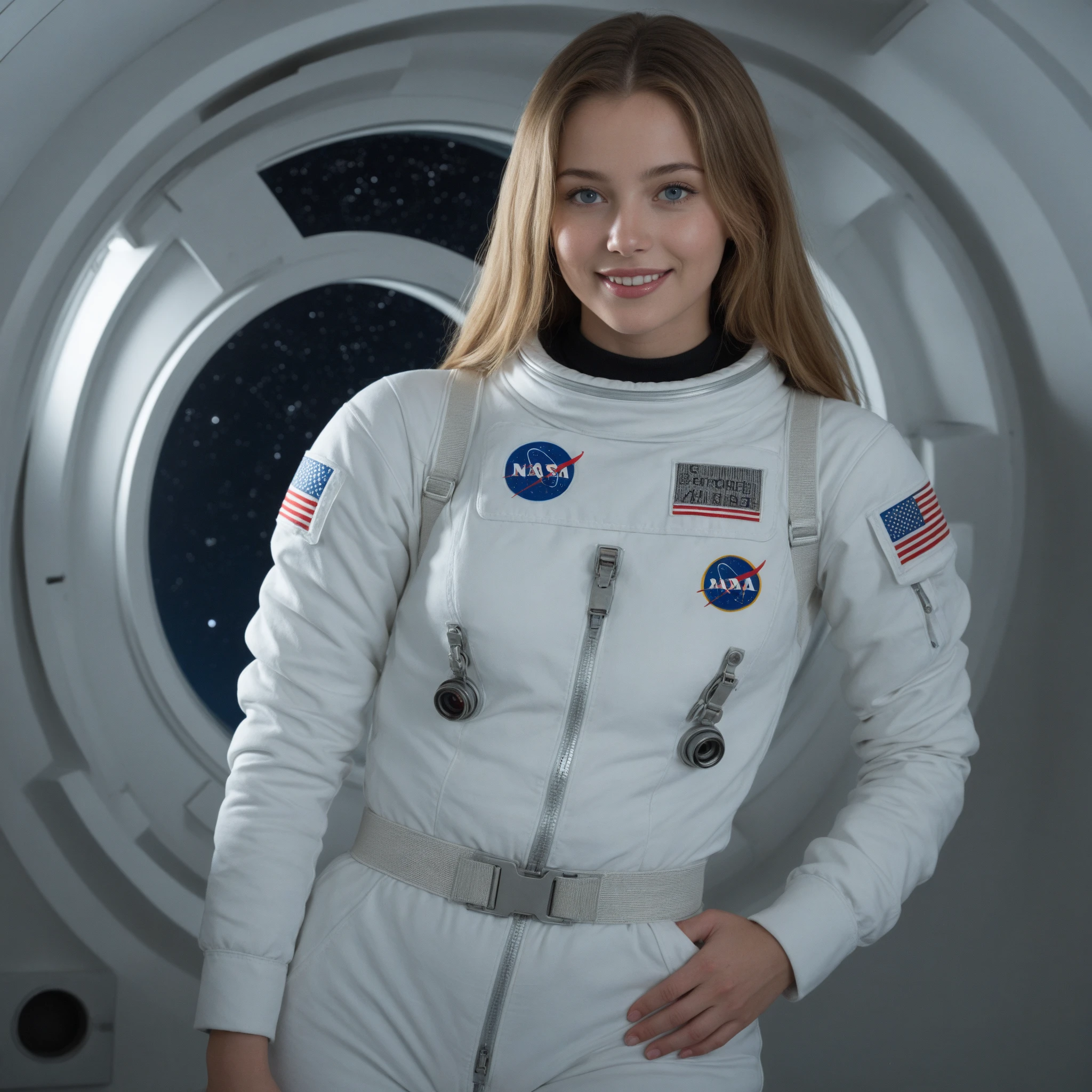 (smile)、(((Staring at the audience)))、((Wearing a space suit standing on the moon)),((Grey Bikini Shorts))、(((Spacewalk)))、wear spacesuits, 白いDressed in an astronaut costume, Cute girl in a tank top, girl in space, In space, (((Dressed in an astronaut costume))), woman astronaut, ((月面でOpen Stance))、(( young woman's body:1.4))、Large 、The navel is clean、I can see your belly、Open Stance、