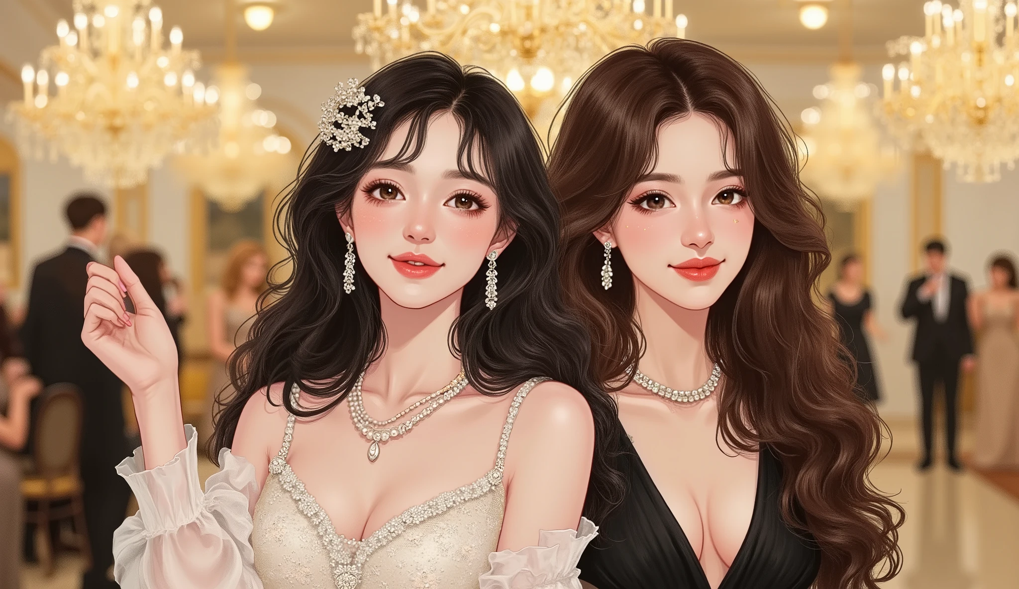 two beautiful women at a luxurious evening party, semi-realistic manhwa style, waist-up shot (from the stomach up), both standing naturally and looking directly at the camera, clear and detailed facial features, elegant atmosphere, warm soft lighting.
The first woman has fair skin, long black hair, soft Douyin-style makeup, wearing a stylish white evening dress with delicate jewelry, confident and graceful expression.
The second woman has warm tan skin, wavy dark brown hair, natural glowing makeup, wearing a sleek black evening gown, gentle radiant smile.
Background: elegant indoor ballroom with chandeliers, soft golden light, people and champagne glasses blurred in the background, sophisticated luxury vibe, high-quality semi-realistic manhwa illustration.