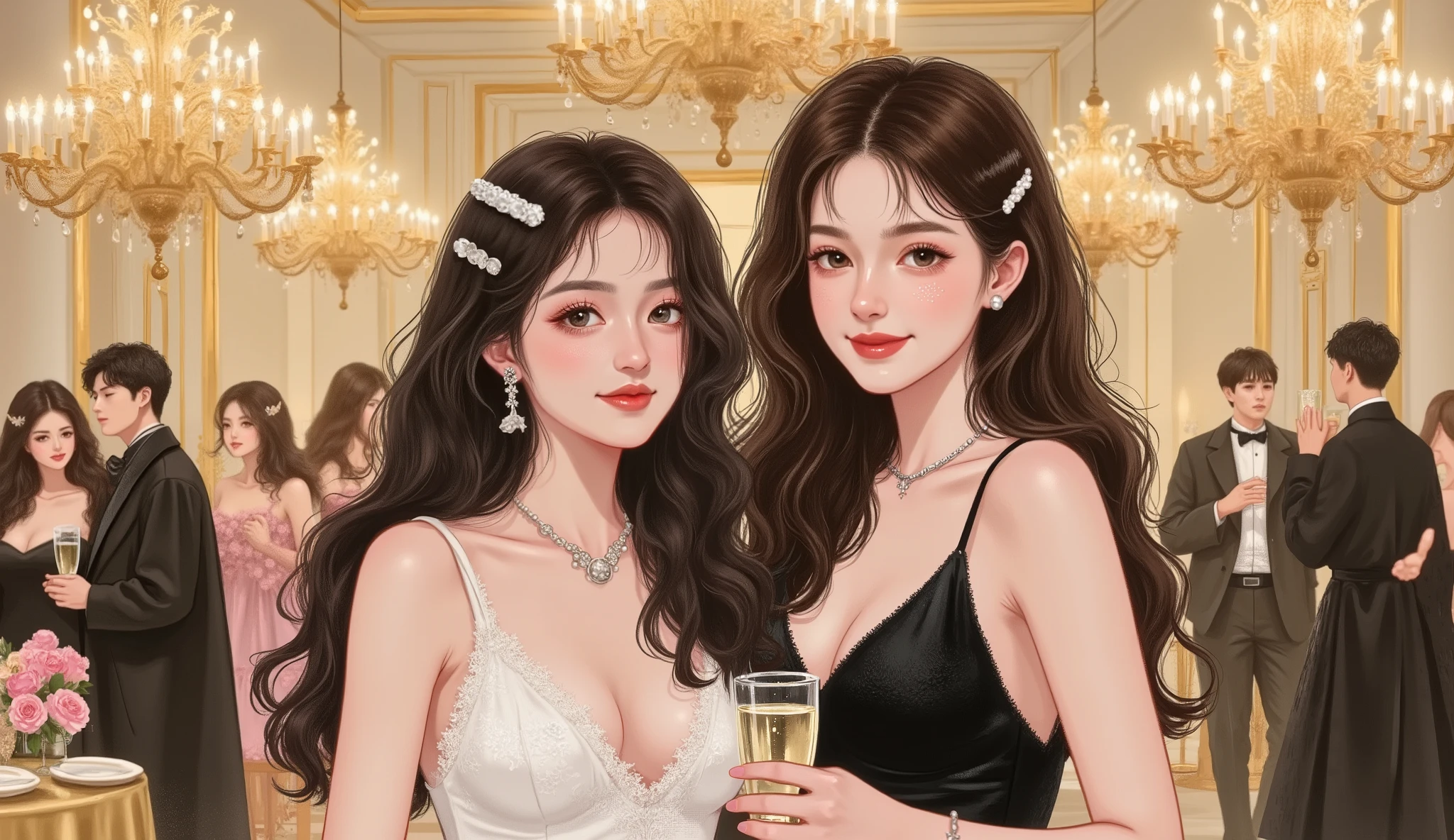 two beautiful women at a luxurious evening party, semi-realistic manhwa style, waist-up shot (from the stomach up), both standing naturally and looking directly at the camera, clear and detailed facial features, elegant atmosphere, warm soft lighting.
The first woman has fair skin, long black hair, soft Douyin-style makeup, wearing a stylish white evening dress with delicate jewelry, confident and graceful expression.
The second woman has warm tan skin, wavy dark brown hair, natural glowing makeup, wearing a sleek black evening gown, gentle radiant smile.
Background: elegant indoor ballroom with chandeliers, soft golden light, people and champagne glasses blurred in the background, sophisticated luxury vibe, high-quality semi-realistic manhwa illustration.