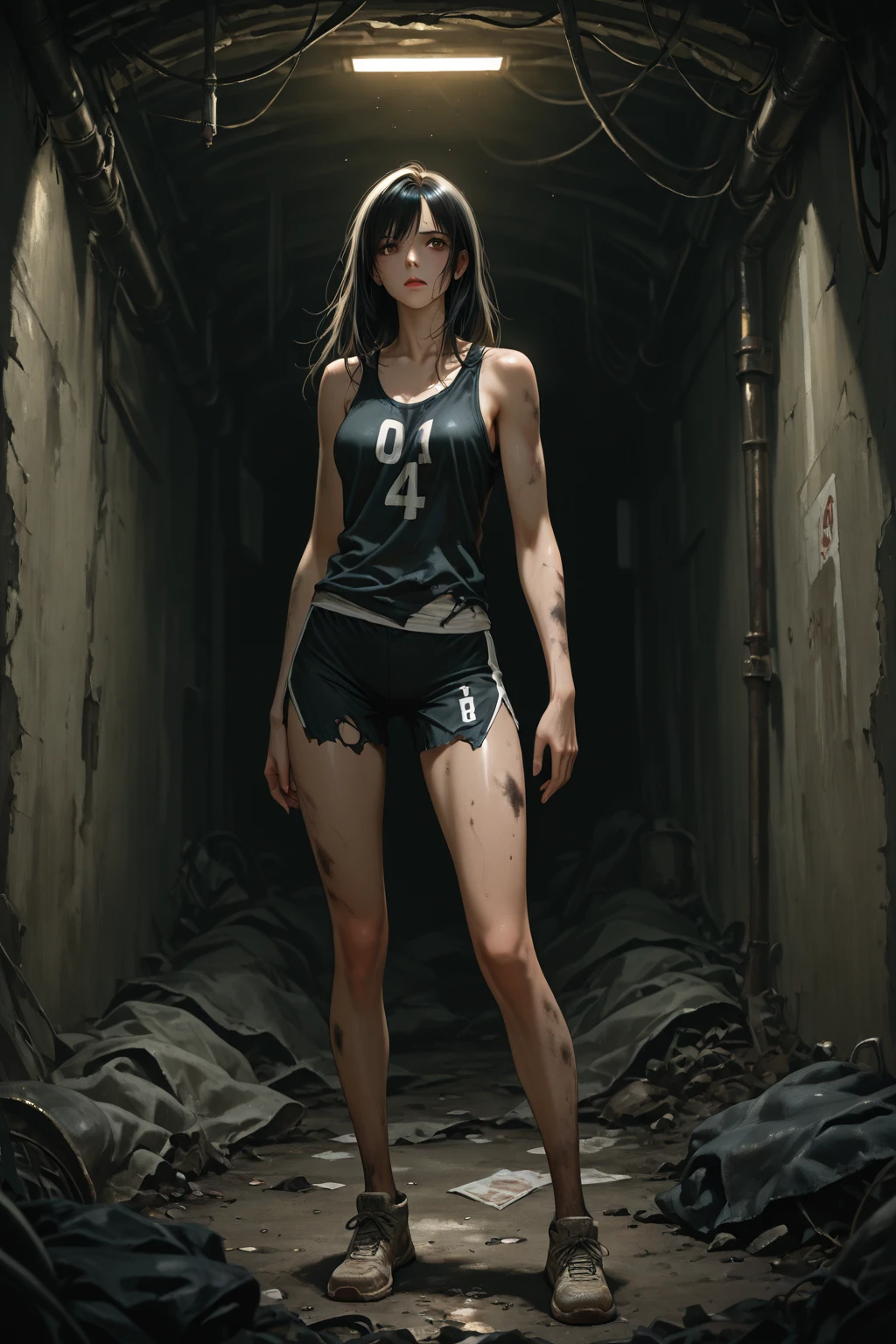 (best quality), (masterpiece), beautiful fighter woman, furious, (perfect body), (bruises and injuries on body, bleeding) , (german fighter), brunette hair, white skin, t-shirt and jean pants, ripped clothes,(( dynamic fighting stance)),  perfect body, muscular, dark lighting, dim light, foggy and smoky, cowboy shot, 8k resolution, high saturation