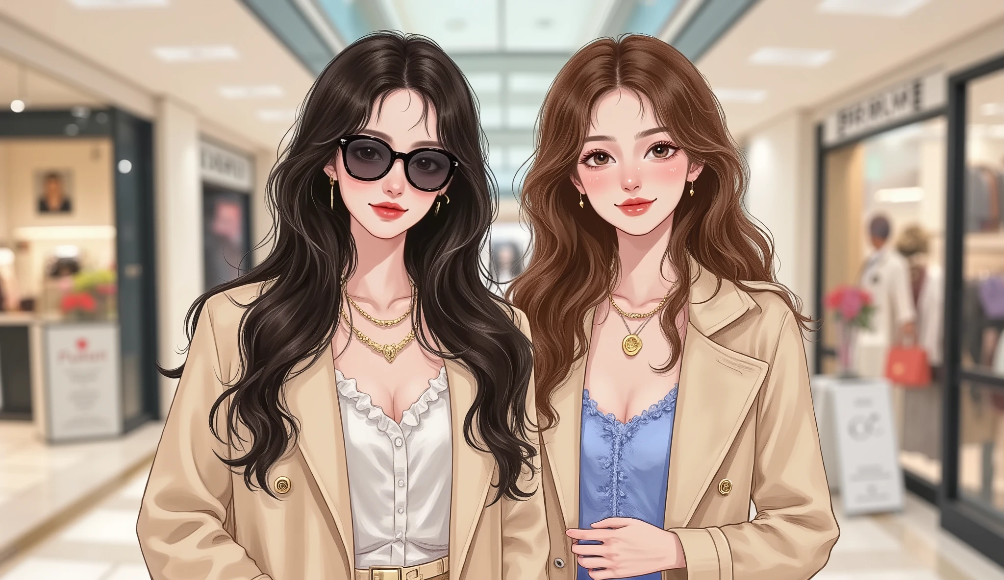two elegant young women standing in a luxury shopping mall, semi-realistic manhwa style, waist-up shot (from the stomach up), both looking directly at the camera with calm confident expressions, clear detailed facial features, soft Douyin-style makeup, no awkward hand poses.
The first woman has fair skin, long silky black hair, wearing stylish black sunglasses, a cream-colored tailored blazer over a white silk camisole, with delicate gold jewelry, elegant and refined.
The second woman has warm tan skin, wavy chestnut-brown hair, subtle glowing Douyin makeup, wearing a pastel blue fitted dress with a light beige trench coat draped over her shoulders, also wearing chic sunglasses, gentle confident smile.
Background: upscale shopping mall with glass ceilings, marble floors, luxury boutique signs blurred in the background, soft warm daylight, sophisticated rich-lady vibe, high-quality detailed semi-realistic manhwa illustration.