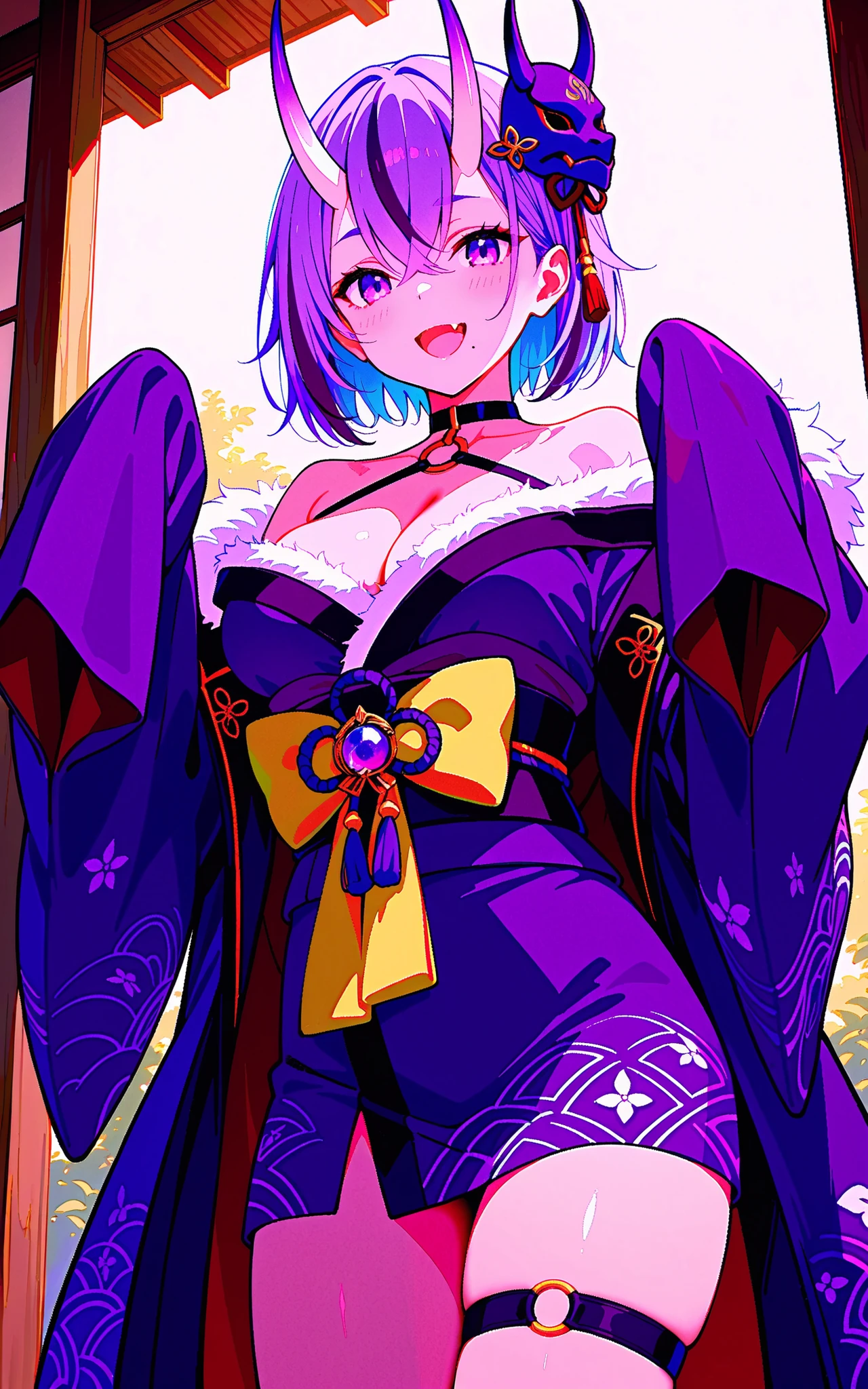 best quality, masterpiece, 1girl, aamikoto, short hair, streaked hair, horns, hair ornament, hair tubes, crossed bangs, purple eyes, fang, mole under mouth, black choker, o-ring, cleavage, off shoulder, fur trim, purple kimono, wide sleeves, sleeves past fingers, obi, bow, thigh strap,  standing, cowboy shot, smile, open mouth,