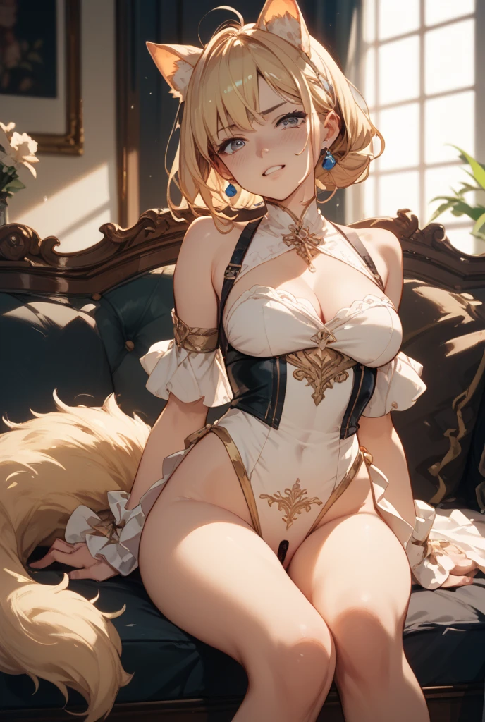 ????:1.1, high resolution:1.7, incredibly absurdres, kawaii:1, cute:1.5, hires.fix,anime visual:1,incredibly fine illustration,8k,masterpiece:1.2,best quality, high quality, exquisite, beautiful,insanely detailed, intricate detailed, extremely detailed, Super Definition,ultra high res, Super Resolution, best aesthetic, ultra detailed:1.5,best quality, perfect face, detailed face, masterpiece:1.2, illustration:1.2, 8k cg wallpaper, stunning art,absurdres,octane render,ultra hires, 
beautiful android girl, detailed mechanical parts visiblem,embossing decoration on body, flower design silver trim on mechanical parts, wearing white lace leotard and (tutu:1.2),(Cute and lovely),((anime elf with extremely cute and beautiful blonde hair)),((((blonde hair:1.35,blonde single braid,colored inner hair,ear breathing)))),(((green_eyes:1.3))),intricate eyes,beautiful detailed eyes,symmetrical eyes,big eyes:1.5,enchanting bright eyes studded with gold and silver dust,(((pinky skin,glowing_skin,lustrous skin:1.5,bright skin: 1.5,skin tanned,shiny skin,very shiny skin,shiny body,plastic glitter skin,exaggerated shiny skin,illuminated skin))),upward ???????,waist slender,(detailed body,(detailed face)),cute,daring,zettai ryouiki,show skin,best relationship with four fingers and one thumb,Very Fine Face and Eyes,Very Fine Hair,(Perfect ???????),((girl trembling with ?????????????)),Garter Belt,???? shoulders,Check out our thru-rack chokers and midi rings with chains,white theme, white soft light,white shiny room with smooth surfaces, girl sitting to viewer, futuristic chair