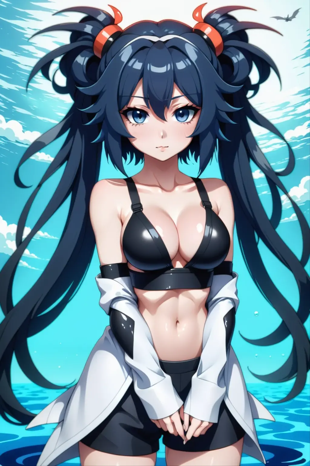 2차원 Idol 소녀, big bust, (big bust), 1 woman, animated film메이션, shot, black hair, animated film메이션 여자, animated film, singer, Idol, 큰 pelvis, hip, pelvis, 큰 hip, (큰 hip), (큰 pelvis), orca, orca prisoner, prisoner