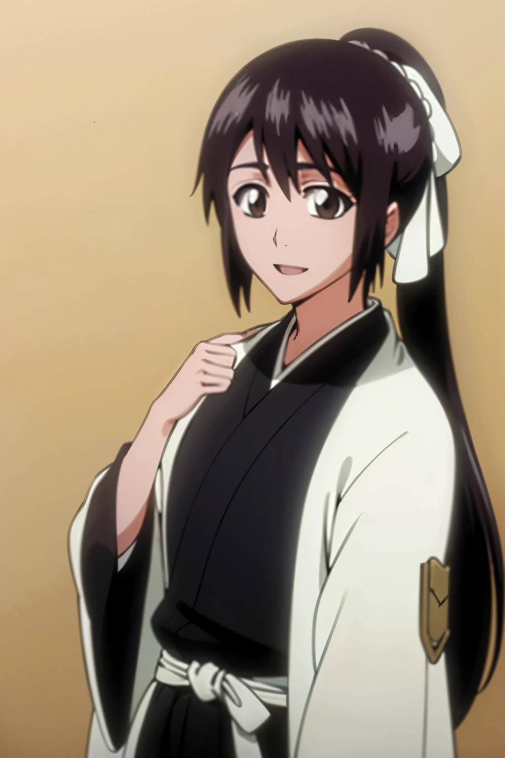 masterpiece, Highest quality , one girl from the side , romantic love , black hair,ponytail, single , Straight long hair, Vancouver, brown eyes, kimono, white sleeveless coat ,Captain's coat without white sleeves, black kimono , smile, alone, I'm looking for , simple background