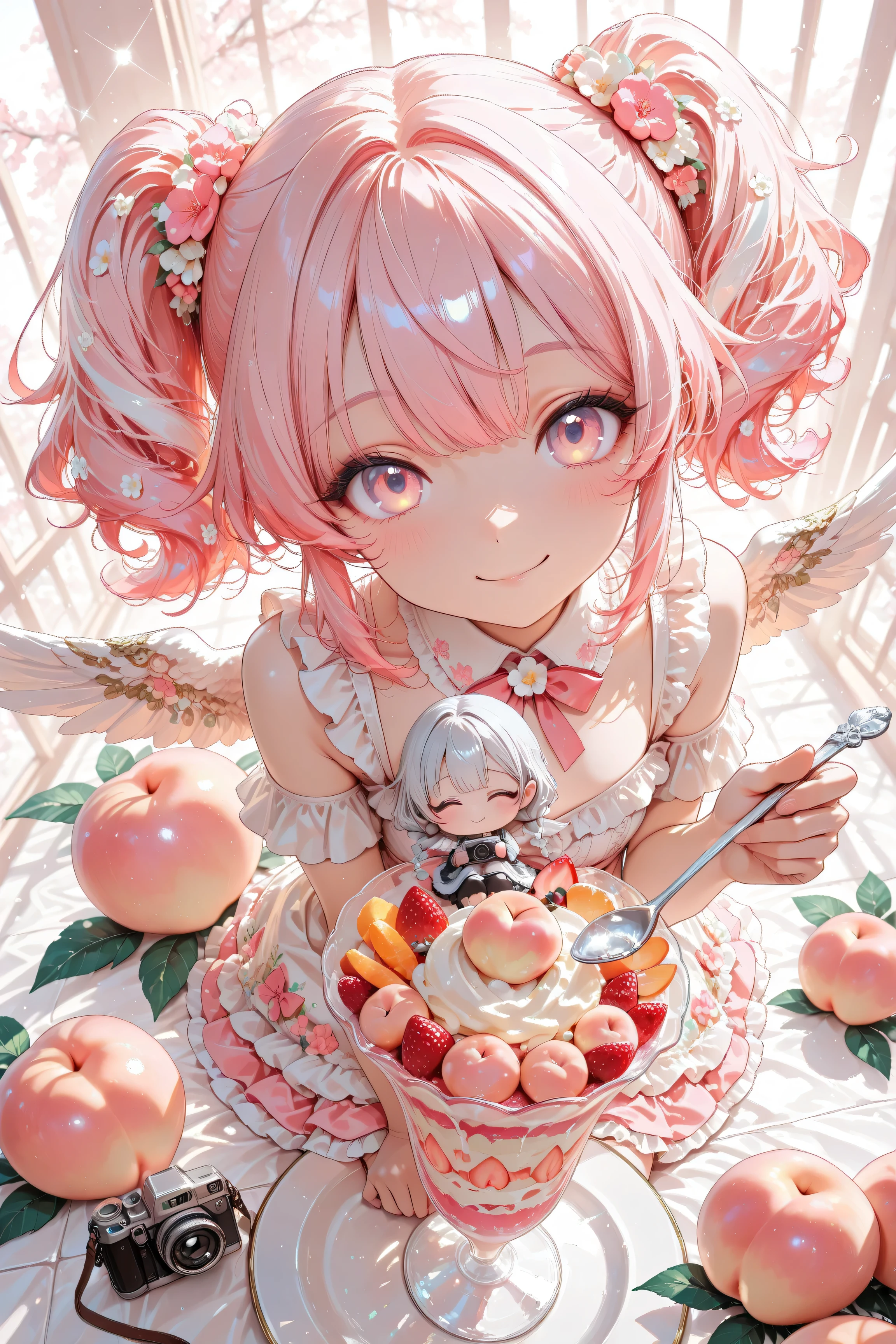 adorable chibi anime girl, pastel pink hair with white milk highlights, fluffy twin tails, peach-pink gradient eyes, frilly dress inspired by peach parfait with cream and fruit details, tiny heart cream wings, holding a small silver spoon, smiling shyly, soft glow lighting, sitting on a giant peach parfait glass, camera angle from slightly above, sparkles, cute and dreamy atmosphere, masterpiece, high quality, anime style, soft shading, warm pastel tones
