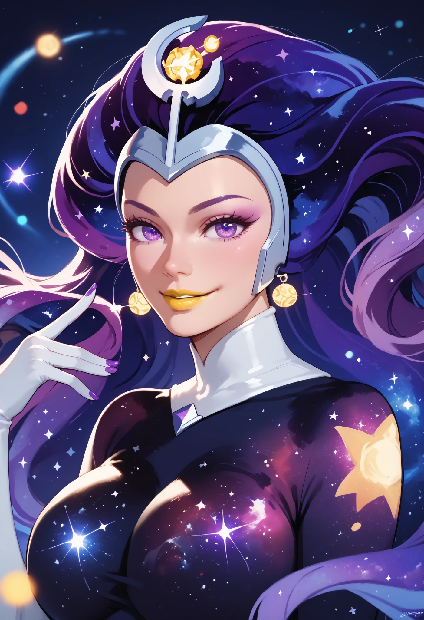 woman, big breasts, anime style, yellow lipstick, supernova, cosmic hair, long hair, bright purple eyes, galaxies, sensual smile