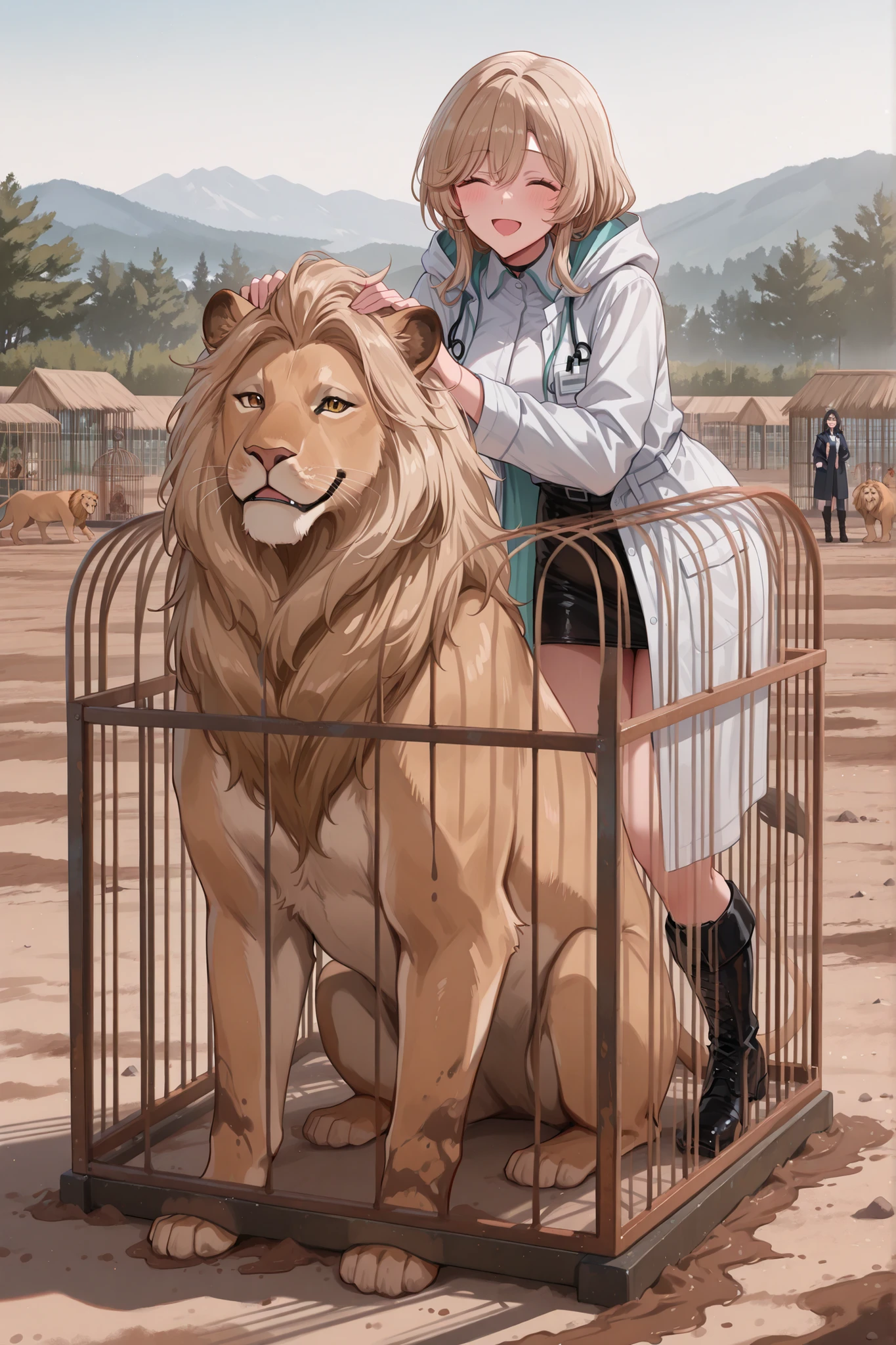 A beautiful female doctor at a safari park,Smiling in front of a lion cage,She's a cute female doctor,((viewers preying on their heads))),The background is a typical safari park lion cage,Her outfit is functional for a female doctor,A little bit of mud stain,Men's engineer boots,An impressive scene with the confident expression of a female doctor,exhilarating smile