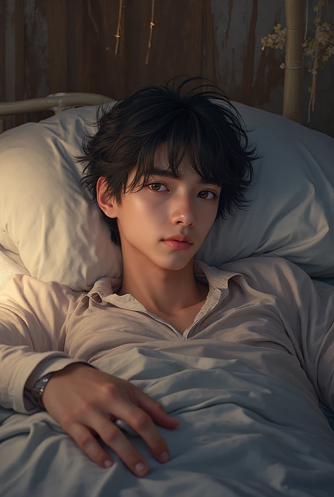 Early morning, bedroom, boy lying on his back on the bed, looking at the ceiling, Confused expression, short hair, wearing a white T-shirt, Handsome Thai Men, medium shot, from above:1.5