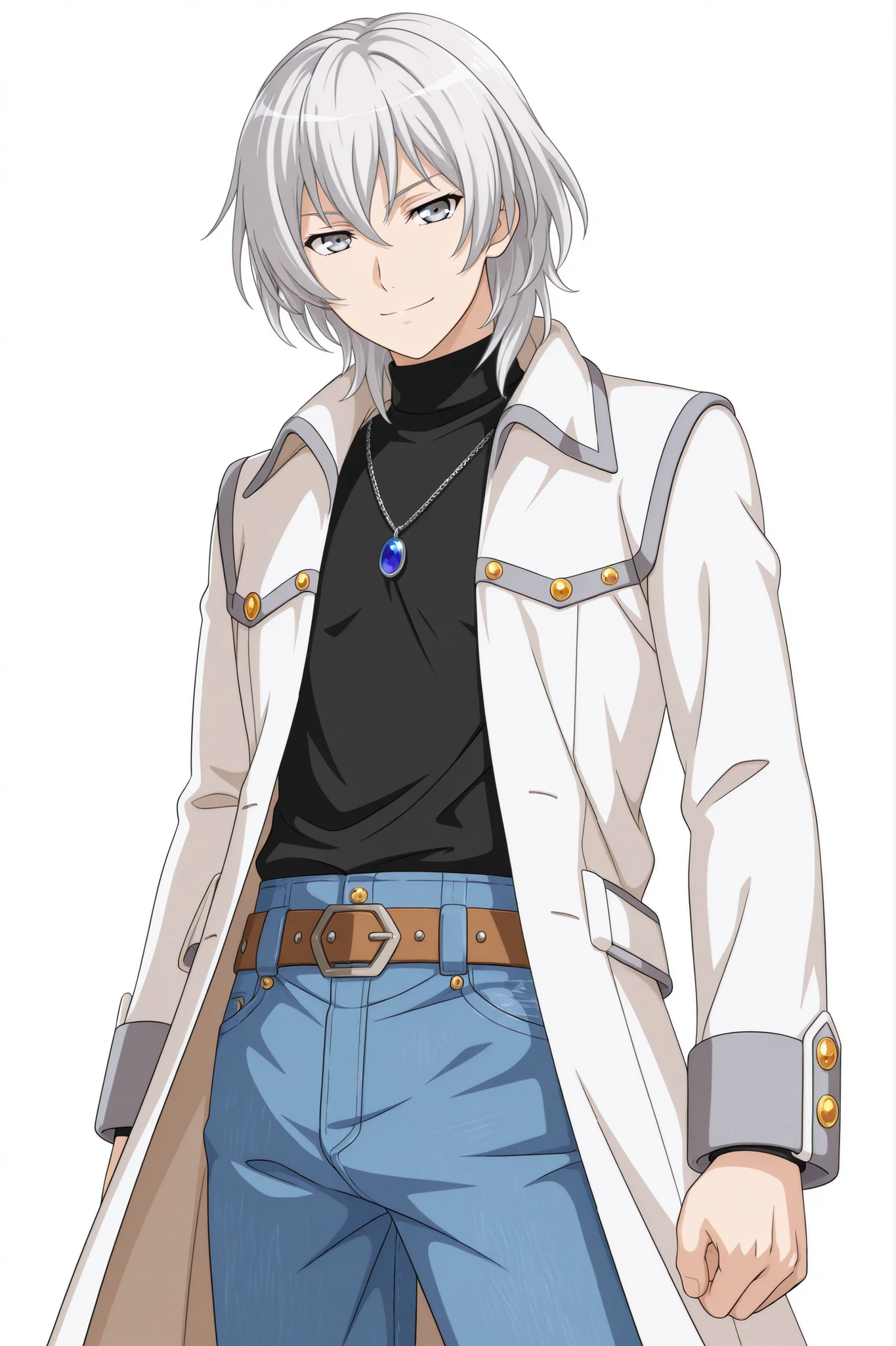 score_9, score_8_up, score_7_up, best quality, masterpiece, source_anime, anime coloring, Hair high revolution, anime screenshot style, official art bang dream!, Detailed eyes, Perfect eyes, good eyes,
BREAK 
1boy, (Soma Cruz (Castlevania: Aria of Sorrow), gray eyes, Adult male,  Handsome male, best quality, amazing quality, very aesthetic, vivid colors, anime 3D CGI style, From top to thigh, standing, White background, simple background, smile, From front, Hair to neck,  jewelry, brown belt, coat, denim, pants, jeans, necklace, turtleneck, white hair, grey eyes, pendant, 