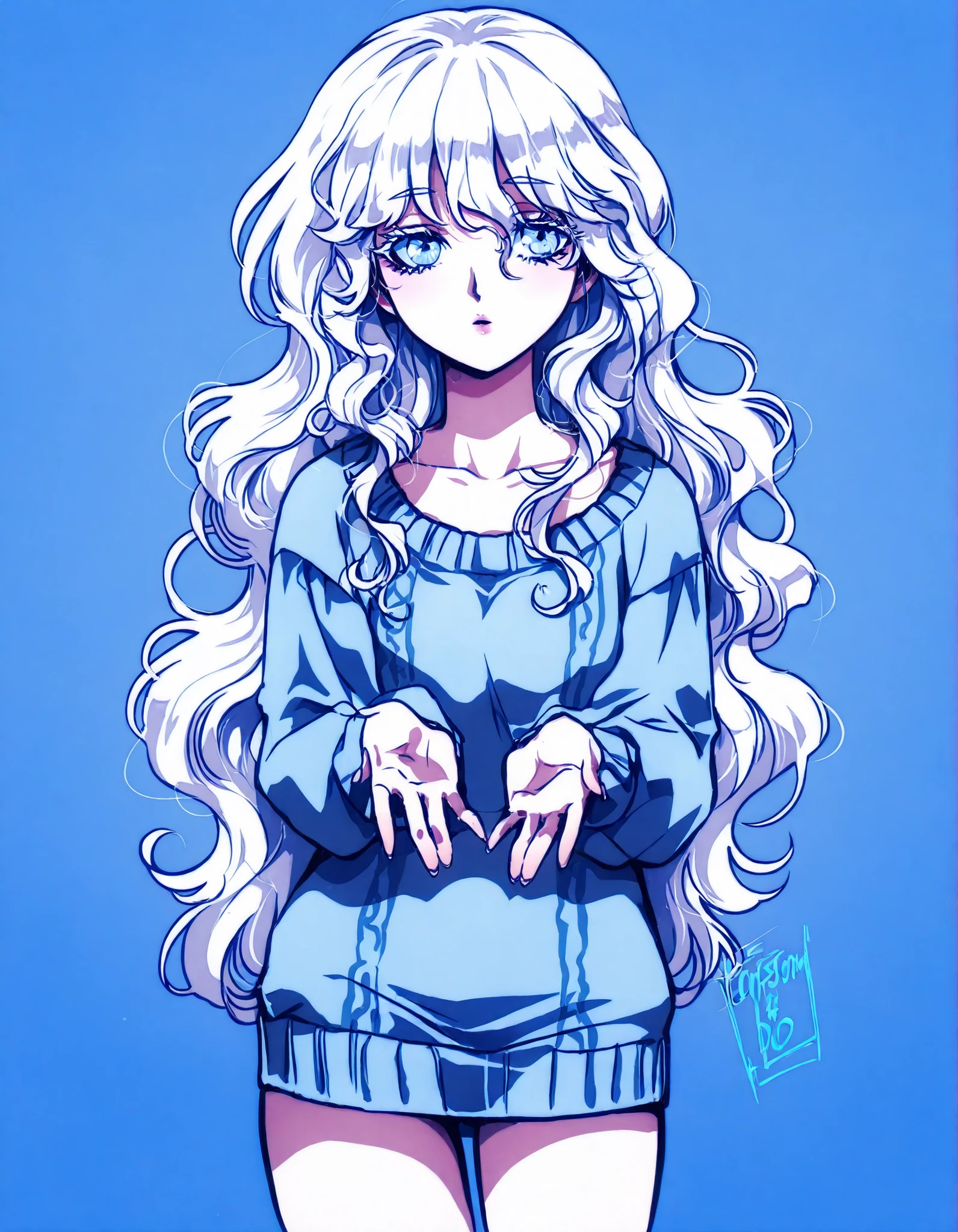 A tall, albino girl, with pale skin and white hair. She has pastel blue eyes, extremely light eyes, and her white hair is quite long, Reaching up to the ankles, and is quite wavy and with a large wavy fringe, over her eyebrows, her pale skin has some large, even lighter spots in some places, como ombros, centro do peito, thighs and neck. She wears simple but elegant clothes, pastel-colored. Her body is thin and slender, but has quite thick shells and a big butt, com seios pequenos, estatura alta. She wears a pastal-colored sweater dress. It is standing straight in front of the image, looking straight ahead with a fixed gaze. The image must be proportional and the character must not have their head tilted or turned upside down, Just fix and stand in front of, as if taking a photo of ID. The image must especially contain her face in focus