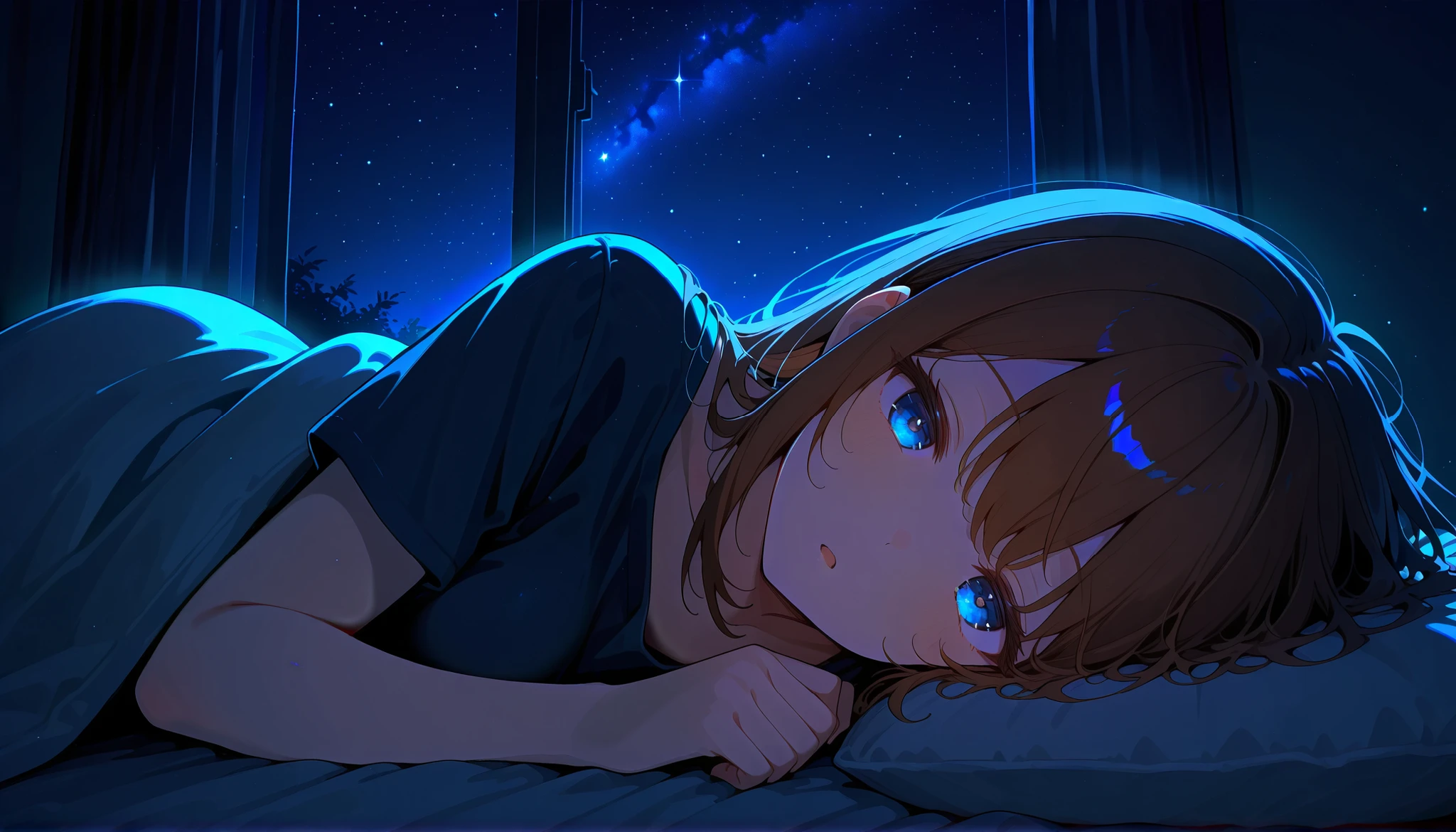 Masterpiece, ((POV sleep with Girlfriend)), best quality, ultra detailed, solo young female teenager, short brown hair, lying on side, head facing up, looking at viewer, pajama, no skin exposure, half body covered by blanket, sleepy expression, half-open eyes, half-open mouth, night time, dark blue dominant color, soft room light ambient, digital illustration, pixiv, 16:9 composition, filling frame
