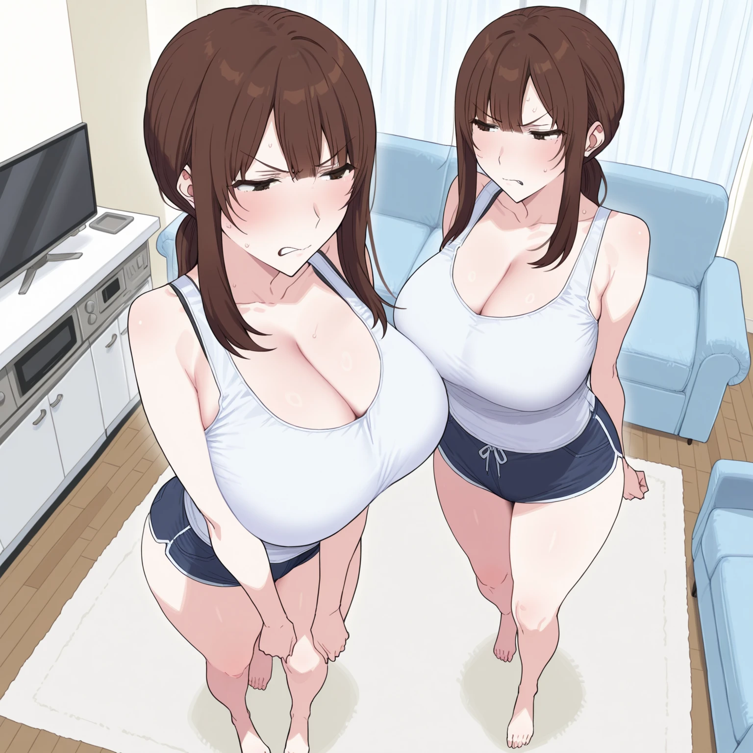 best qualtiy，beautiful quality，Photorealsitic，looking at viewert，highlydetailed skin，Very detailed black hair，8，1girll，short top，Ultra shorts，smooth and delicate thighs，Sit on the bed with your legs crossed 、huge-breasted、A big smile (()) (())