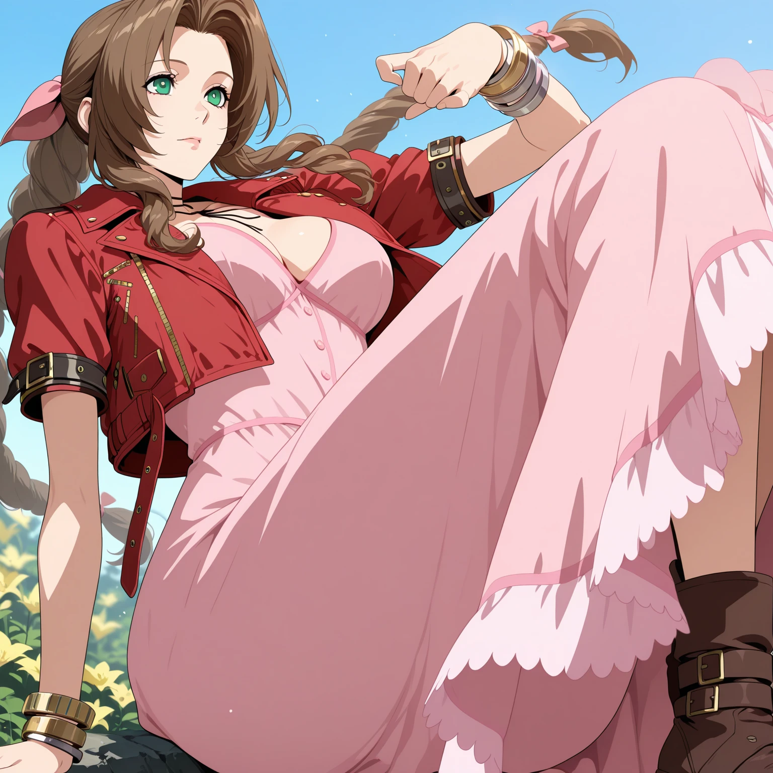 1girl,solo,aerith gainsborough,breasts,brown hair,green eyes,dress,cropped jacket,pink dress,cleavage,flower,long hair,looking at viewer,bow,jacket,braid,ribbon,drill hair,medium breasts,jewelry,outdoors,hair ribbon,bracelet,lips,long dress,flower field,pink bow,red jacket,signature,score_9,score_8_up,<lora:Artgerm_XL_PONY:0.8>,