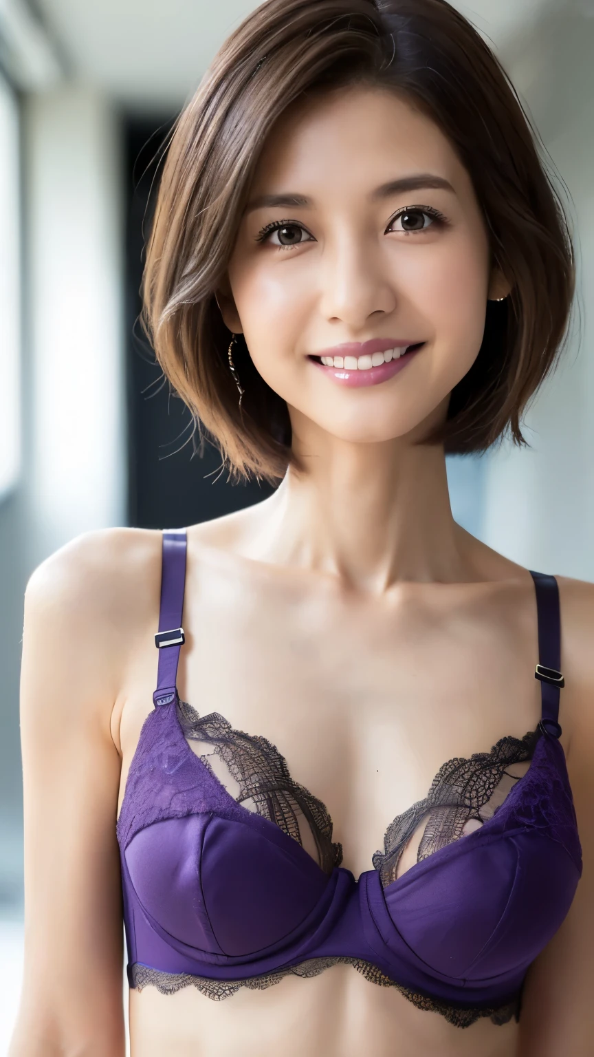 ((Highest quality、8K、masterpiece:1.3))、1 Girl、Thin abdominal muscles、Highly detailed face、Detailed eyes、double eyelid、?????????????、E cup ???????、、40-year-old woman、short hair、Straight Bob Hair、Short hair with bangs、Laughter、Beautiful girl highlighting her nakedness:1.3、lingerie、Upper Body、gray plain background、smile