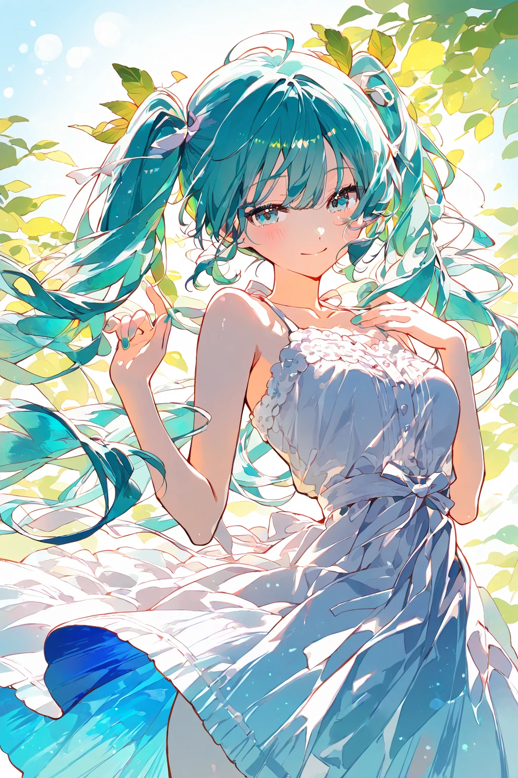 Dentro de una cueva oscura con una abertura en la parte superior, Overhead lighting, Plantas brillantes que iluminan suavemente los alrededores con un tono verde, muslos gruesos, Caderas anchas, mujer madura, (Dramatic light:1.3), 
mujer, Hatsune Miku, Solo, vestido, flor, pelo largo, white vestido, dos colas, very pelo largo, dove