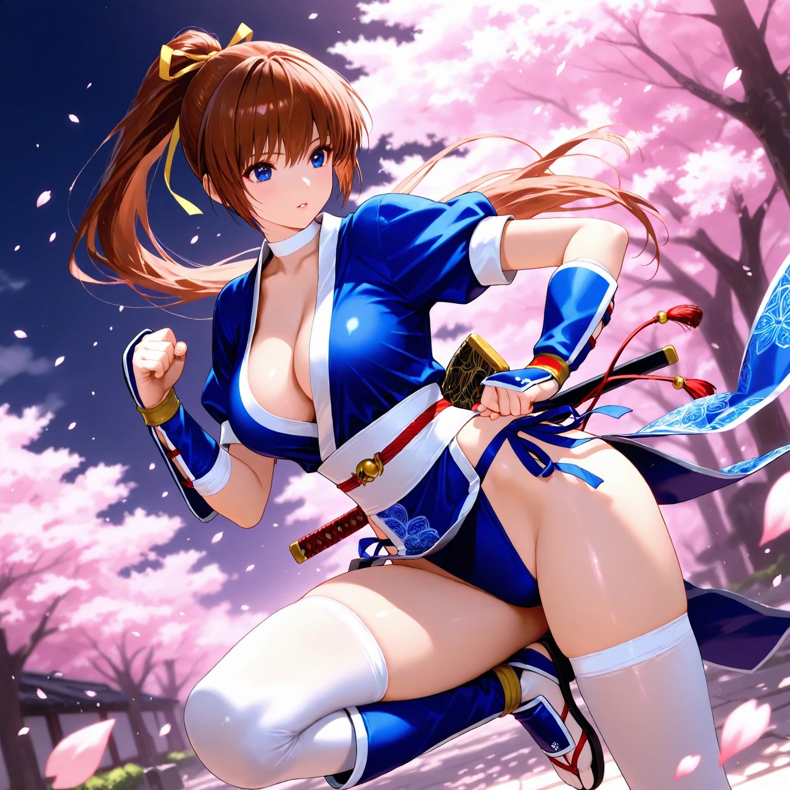 <lora:PonyXL_-_Shon_Howell_Style - Epoch 8:0.75> 1girl, female focus, solo, pinup,   <lora:kasumi_doa_XL-bf16-pony-v1:0.75> kasumi \(doa\), japanese clothes, full body, straight hair, kneeling, tilting head, neutral face, source_cartoon, score_9, score_8_up, score_7_up, score_6_up, score_5_up, score_4_up,