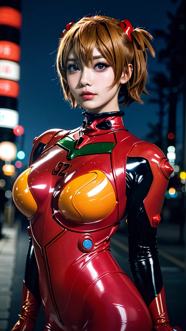 (((realistic))) photo, masterpiece, highest quality, 1girl, slender waist, best quality, pale skin, souryuuasukalangley, plugsuit 02, Shibuya Scramble Squarebackground, (detailed face and eyes:1.1), smug, blush, ((shy)), extremely delicate and beautiful girl, dynamic pose, (to8contrast style),