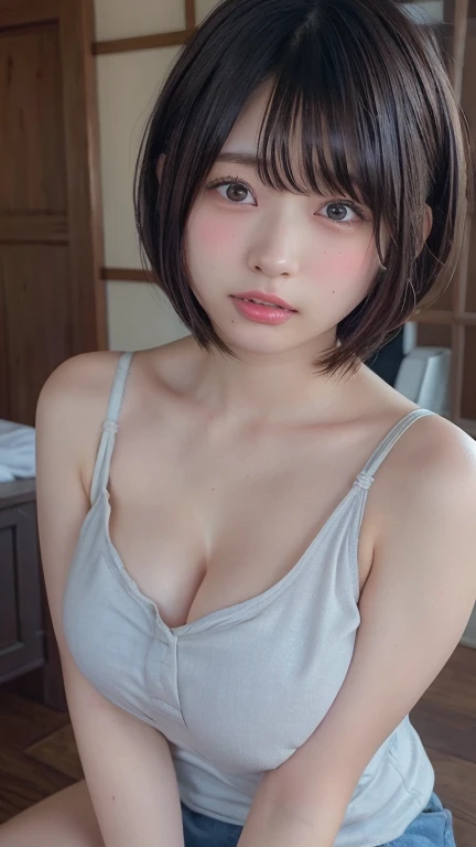 absurdres, (masterpiece, best quality), (ultra-detailed), extremely detailed,super high resolution, (Top Quality photorealistic Illustration), (Super Definition), (best quality,masterpiece:1.0),(cute illustration:1.3), (high Saturation:1.2), highres, ultra-detailed, 32k,8k resolution, intricate details, cinematic scene, detailed background, Soar (High chroma),(Sparkling),bathroom, depth background, in the sandy beach, ocean, splashing, blue sky, windy, rim light, sunlight, beautiful lighting, strong light,BREAK (1 girl) (kawaii:1.6), (cute:1.6), Beautiful and delicate eyes, Delicate and beautiful face, Facial accents, Perfect figure,(open shirt:1.6), (show off small :1.8), (small :1.8), Uniforms、bright expression、short bowl cut、Young shiny shiny white shiny skin、Best Looks、Natural black hair with dazzling highlights、shiny light hair, (short hair:1.6), silky straight hair、Beautiful bangs that shine、Double eyelids、eye liner、Glowing crystal clear attractive big brown eyes,(Very beautiful nice cute 14 year old Nordic girl:1.6)