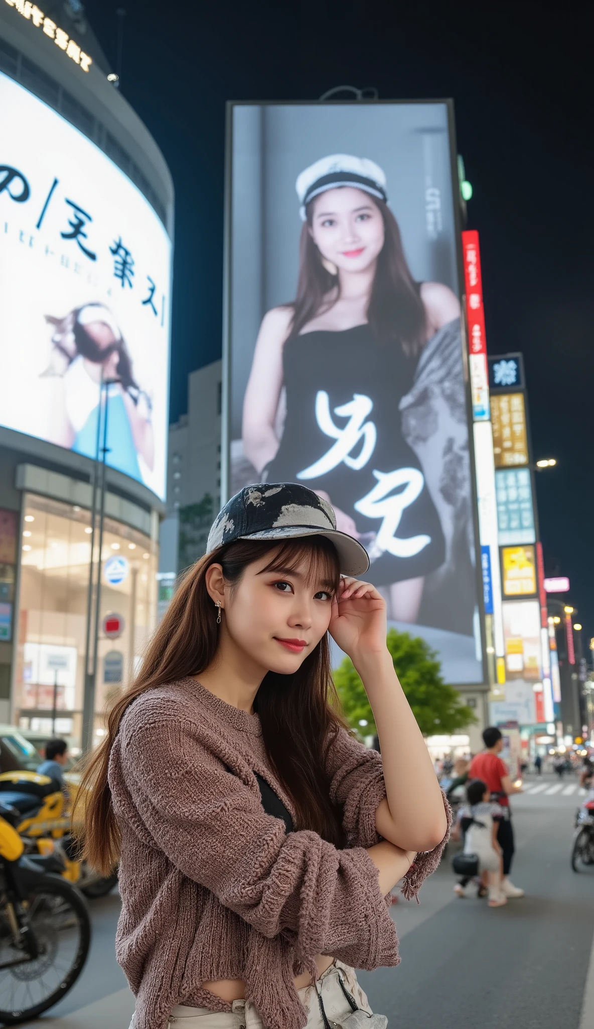 petite female、(((Shot in full shot:1.5)))、(((ultra low angleで彼女を映す:1.2)))、(((She's Smiling:1.3)))、、 she rides a deer colored horse 、beautiful irises、Beautiful Tall Nose、sexy thick lips、long brown hair、wet skin、(((small breasted、big areolas、、、Beautiful navel、tight waist、sexy ass:1.5)))、(((sophisticated fashion {x} Shibuya scramble crossing at night)))、(((in the middle of a large intersection lined with buildings:1.3)))、(((An image of her is projected on the digital signage of a huge, tall building in front of)))、(((An image of her is projected on the digital signage of a huge, tall building in front:1.3)))、(((An image of her is projected on the digital signage of a huge, tall building in front:1.3)))、、、(((she wears a white and black cap backwards)))、(((Wears a white top bra)))、(((colorful marble pattern jumper:1.3)))、(((wears a white mini skirt with fine details:1.3)))、腕に”LOVE❤”とボディーペイントされている、Colorful Bracelets、Red Sports Shoes、fashion model posing、confident posing、(((long shot、ultra low angle:1.5)))、、、masterpiece、ultra high resolution、Sandro Botticelli style、Physically Based Rendering、Super high quality、ultra high definition、Ultra Precise Photos 、Clear Focus、16K、super realistic、Realistic、accurate、Perfect Anatomy、super detailed face、Professional、、(((long shot、ultra low angle:1.5)))、