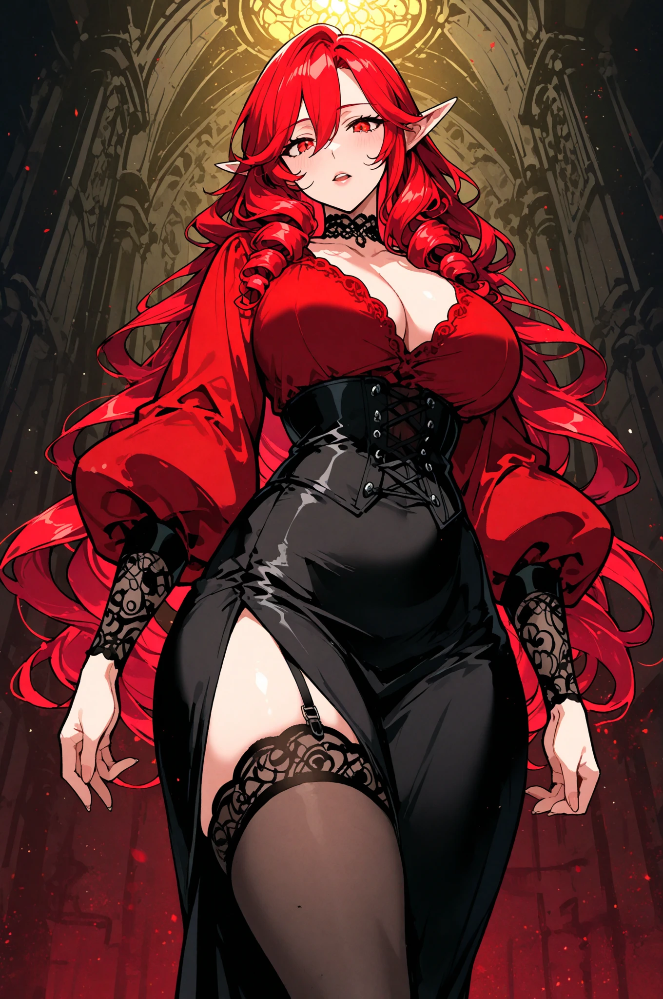 green eyes, red hair with long bangs, noble, mafia. sadistic women, wavy long hair. strong woman. background in winter. spy