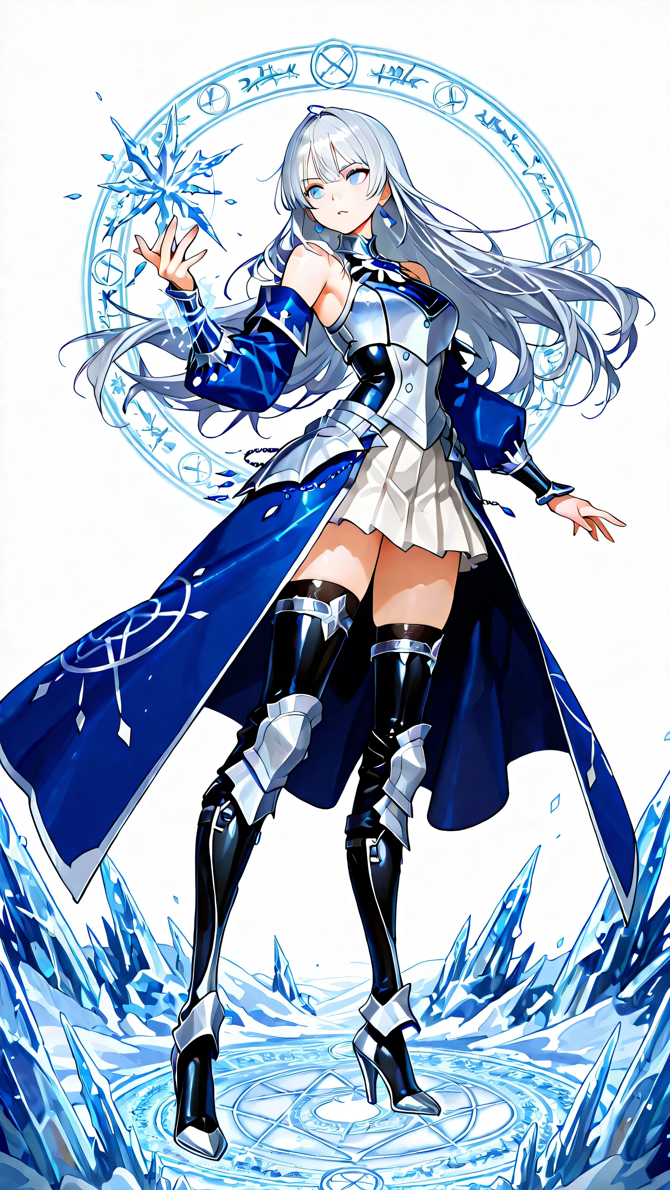 white background, 1girl, solo, masterpiece, female knight theme, beautiful woman with long silver hair, blue-streak on her hair, blue eyes and silky hair, hair down, white chest plate, wearing white knightly attire, blue coatail, white skirt, decorated with golden details on her outfit, sleeveless, she also wears white bridal sleeves, latex detached sleeves, fantasy-styled ornate wrist guard, black stockings underneath shin guards, armored high heels, standing, highly detailed, anime illustration, add golden intricate details on her overall outfit, action pose, ice, icicles, magic circle, outfit's collar