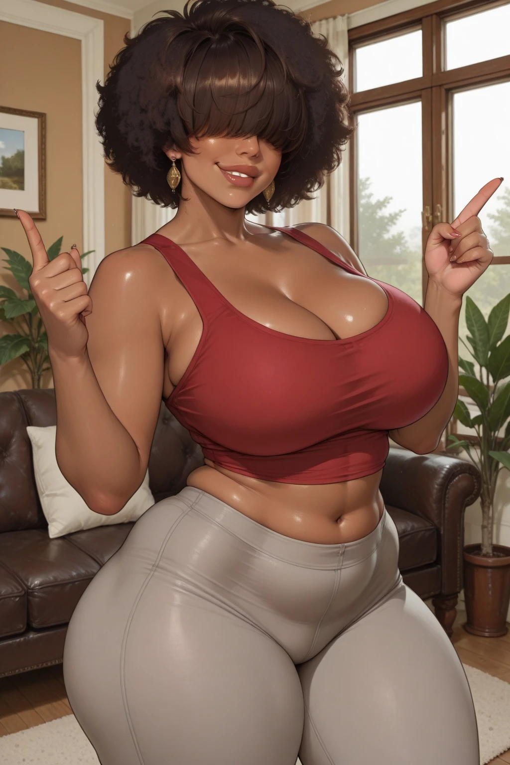 masterpiece, best quality,Ray tracing, hdr, volumetric lighting,
1girl,
 <lora:Darkskin_Ebony_FefaAIart:1>,
High cheekbones, full lips,Natural black curls,  Deep brown hair, athletic build,
dark skin, ebony, afro hair, (black power hair:1.3),
<lora:Gigantic_Breasts_FefaAIart:0.6>, gigantic breasts, huge breasts, big breasts,