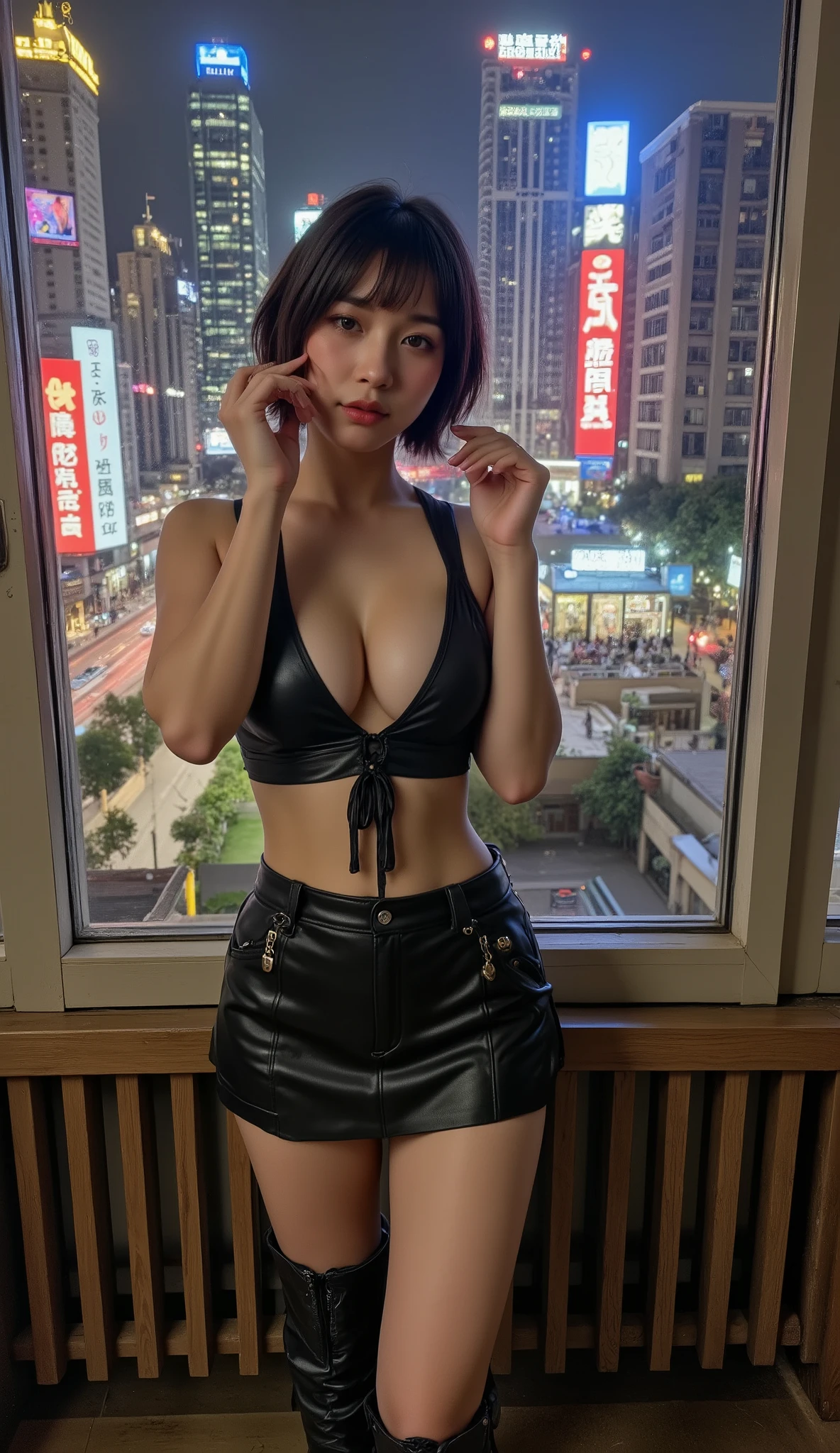 Perfect Chinese girl, perfect athletic body, short hair modern cut, maquiagem punk, batom escuro, Short top with neckline and mini skirt, thigh-high socks and punk boots with high heels. She is hanging out in her apartment, in the background lights and buildings of a modern city in China.