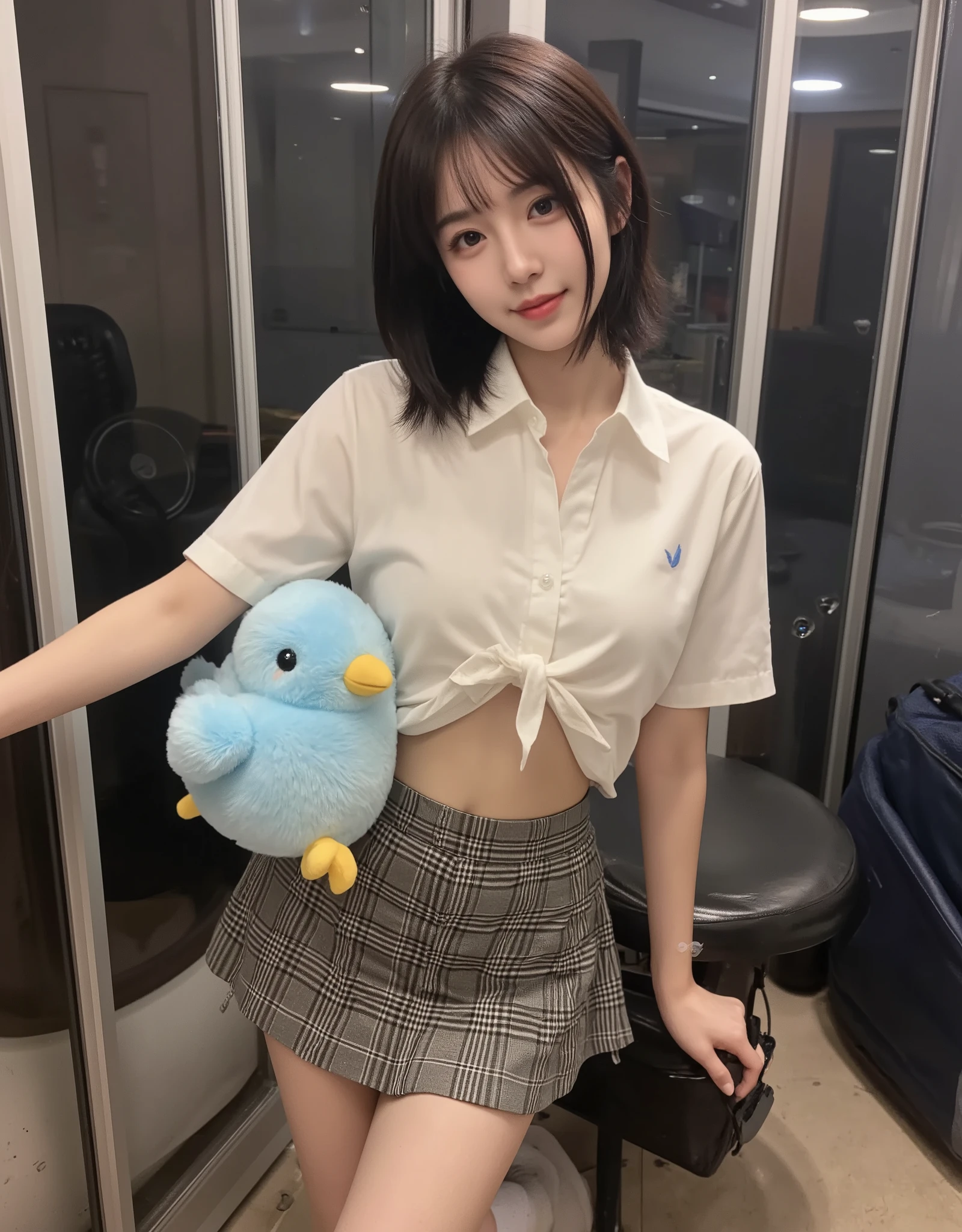 A Japanese high school girl with black hair, wearing a short-sleeved button-down shirt with a ribbon at the neckline, the top button undone revealing her navel, a plaid skirt, white socks, holding a Twitter bird plushie, standing inside a karaoke box room, smiling faintly toward the camera.