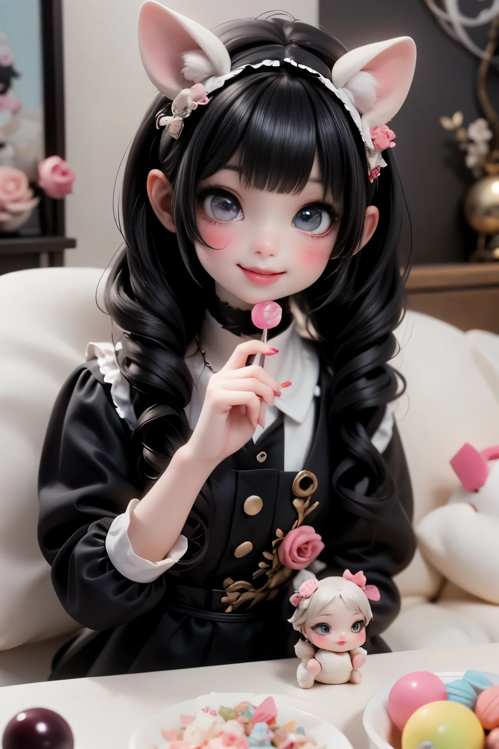 An adorable kawaii-style little playful robber girl, dressed in black robber clothing, sitting over a bunch of candies. She is eating a lollipop and has a mischievous smile on her face. The environment around her should exude a whimsical and charming atmosphere, fitting the BJD (Ball Jointed Doll) aesthetic. Ensure the colors are vibrant and the overall mood is light-hearted and fun, capturing the essence of a sweet yet cheeky character.