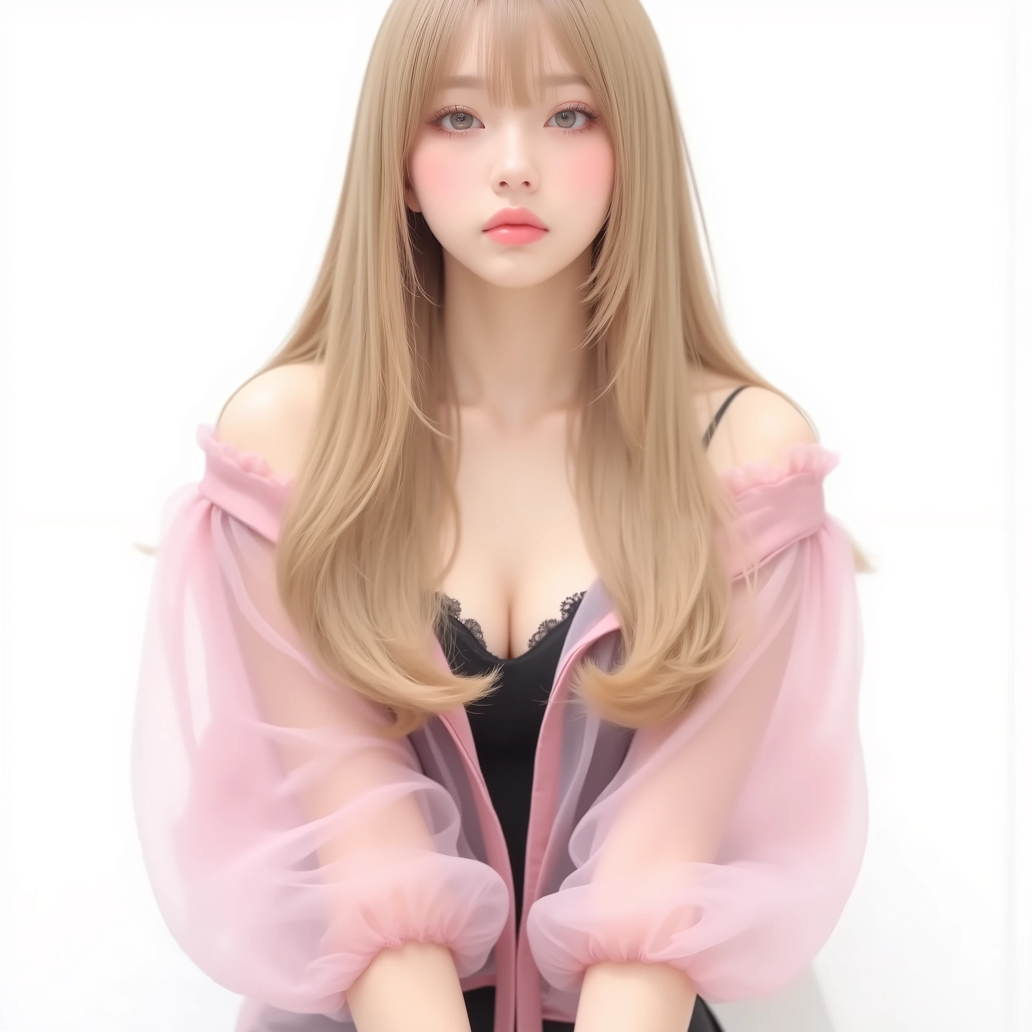 (masterpiece, best quality:1.2), hidden hair, Alone( masterpiece),(TOP QUALITY:1.1),(Ultra High Definition), best illustration,fine-grained,( watercolor：1.4),(Hand-drawn：1.2),(watercolor brush hair ), (Photorealistic ,TOP QUALITY 、8k、32K、 masterpiece)、(( Realistic Skin Types ))、( lean forward :1.3)、( oversized loose blouse in front of a white background )、(Detailed Bra), Young girl,18 years old,lighting lips, The center of the lip is open 、So cute 、 beautiful, off-shoulder pink sheer blouse 、black tights,black high heels, 、 long blond straight hair 、hair accessories,cute and colorful hairpins ,put your hands forward