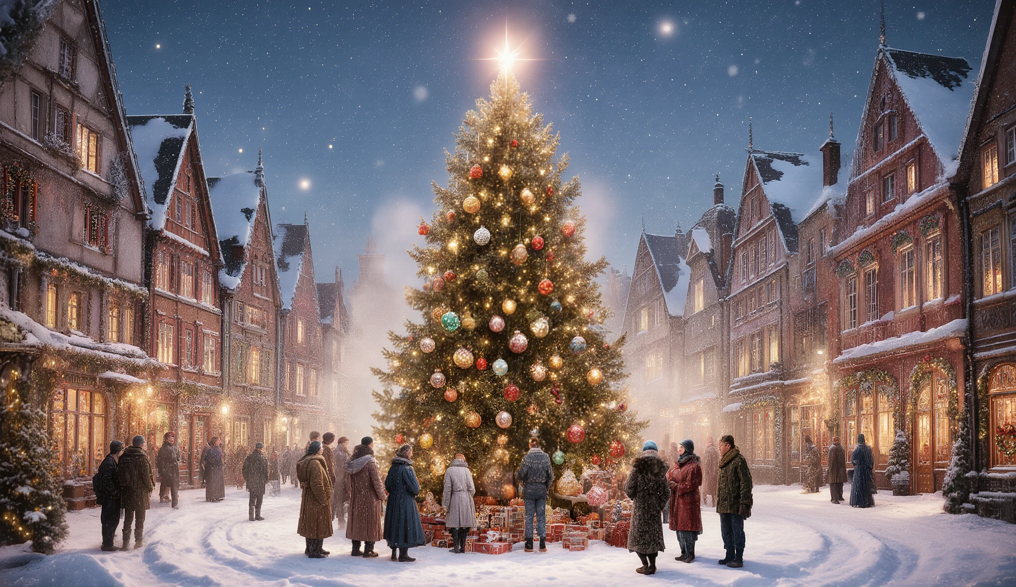 Uma cidade no natal, a beautiful tree adorned in the center of a square, Facade of houses wrapped around illuminated.