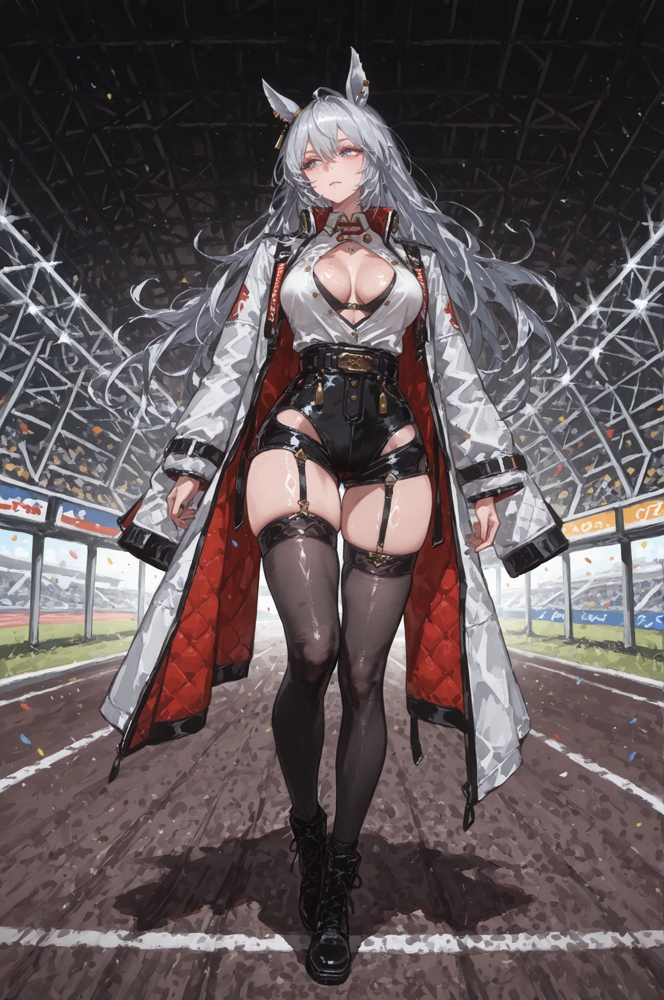 lawnの上、racecourse、緑のlawn、新緑のlawn、、Yee Xuan、Collapse Starrail、Racecourse、Uma Musume、horse ear、Jirio Mahonoko、 A sophisticated eye 、Full Body、GBF_style、748cm style for bigi、32K、semi-realistic、  super detailed description on the front 、art work、Original Work、 Detailed Color、 detailed eyes、 detailed face 、Detailed Eyes、detailed eyes、Exquisite eyes, The best傑作、professional job、Beautiful , Lots of Piercings, pop art, shiny skin, realistic skin, The best, long hair, blue eyes,    cool look, narrowed her eyes, viewers, Silver Hair、lawn、Racecourse、Turf、Race Course 、dynamic pose 、緑のlawn,Racecourse、lawn、Black Knee Socks、緑のlawn、black hotpants、black hotpants、black tights、lawnの上、frustrated、Three-quarter sleeves、3/4 sleeve long coat、Red and white coat 、red and white two-tone coat、Garter Belt for One Leg、Yee Xuan、open  clothes、black long boots、tall woman、adult woman