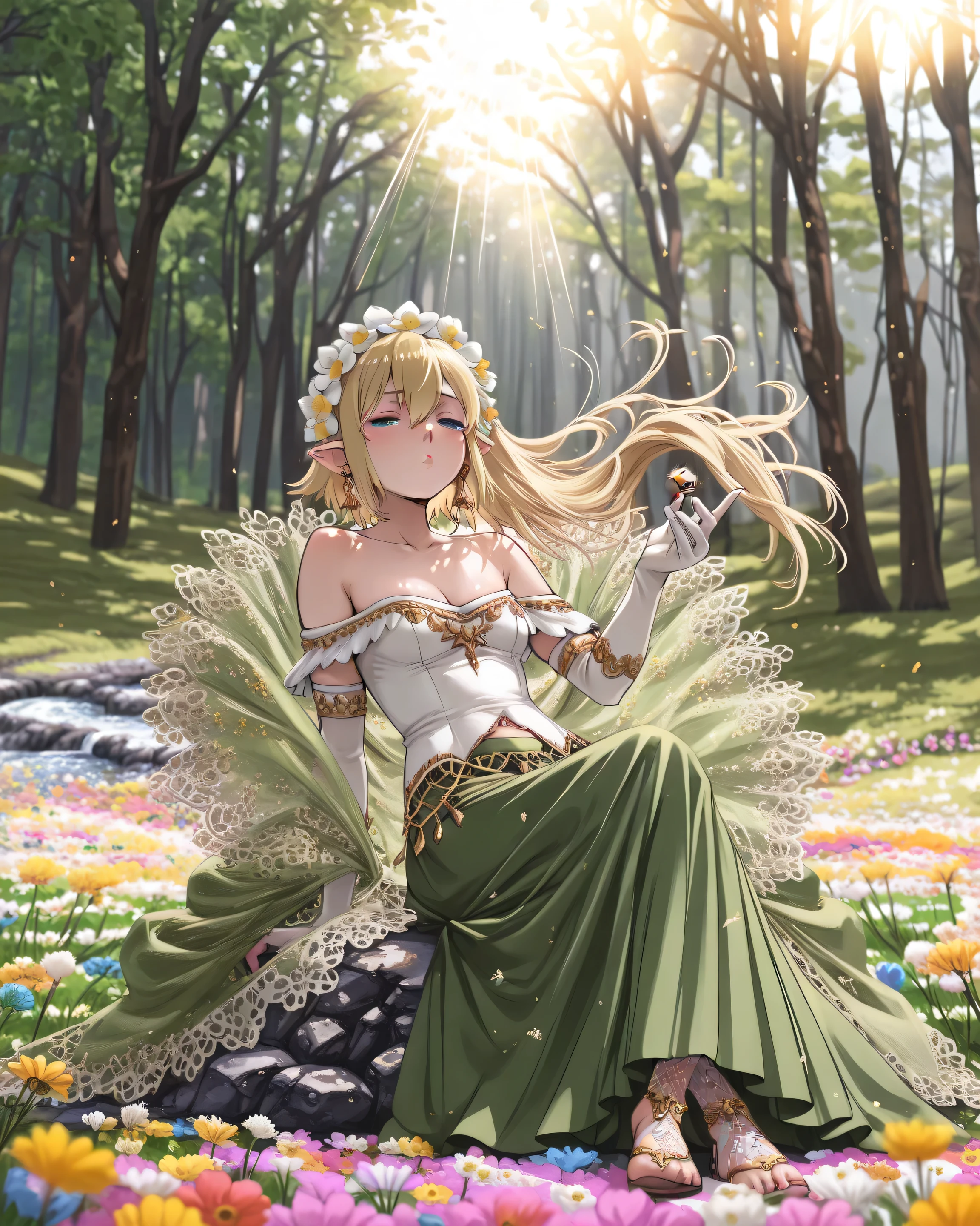((language: Japanese、English)、(Masterpiece), (Highest Quality), (High Score), (High Resolution),(4k),),

(Medieval Germany、(spring)、(Dawn)、(Outdoors)、(1chibi boy),,solo,),

(,(Beautiful streams, many colorful flowers, flower fields, forests, many little),(Dimly lit forest),,,,,,BREAK,(Anatomically accurate structure:1.4),),

(((Gentle breeze),(Sunlight filtering through trees),(Shimmering Stream Effect),,BREAK,(an extremely cute and beautiful girl), (Hair flowing in the wind), (hairdetailer:1.5),(beautiful detailed face:1.4),(detailed eyes:1.4),[(selective blur, sharp character, slightly blurred background elements),:1.4)][(spotlighting:1.4)],))

((male,<lora:ryuu_lion-danmachi_s5-v3-ixl-anime-soralz:1>, ryuu lion (danmachi), short hair, blonde hair, hair between eyes, pointy ears, blue eyes,(Floral headdress:1.4), noble dress, white dress, gold embroidery, (lace cape, green cape), off-the-shoulder dress, bridal long gloves, jeweled earrings,(Green skirt, long skirt, slit skirt),(small breasts),cleavage,(navel),),(white garter straps),(white (fishnet stocking),),(half-closed eyes,(pursed lips),(makeup:1.1),)sitting on the rock,(crossed legs,:1),(head up:1.2),(reclining:1.2),(Holding a dandelion flower in one hand, a fluffy seed head, seeds dancing in the wind),[looking away:],[full body:],[from side:0.7],(thiking),),

(),

(The correct number of fingers:1.4),
