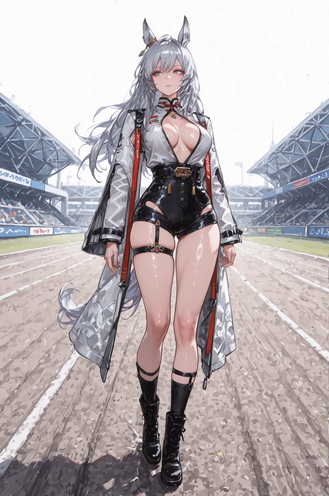 lawnの上、racecourse、緑のlawn、新緑のlawn、、Yee Xuan、Collapse Starrail、Racecourse、Uma Musume、horse ear、Jirio Mahonoko、 A sophisticated eye 、Full Body、GBF_style、748cm style for bigi、32K、semi-realistic、  super detailed description on the front 、art work、Original Work、 Detailed Color、 detailed eyes、 detailed face 、Detailed Eyes、detailed eyes、Exquisite eyes, The best傑作、professional job、Beautiful , Lots of Piercings, pop art, shiny skin, realistic skin, The best, long hair, blue eyes,    cool look, narrowed her eyes, viewers, Silver Hair、lawn、Racecourse、Turf、Race Course 、dynamic pose 、緑のlawn,Racecourse、lawn、Black Knee Socks、緑のlawn、black hotpants、black hotpants、black tights、lawnの上、frustrated、Three-quarter sleeves、3/4 sleeve long coat、Red and white coat 、red and white two-tone coat、Garter Belt for One Leg、Yee Xuan、open  clothes、black long boots