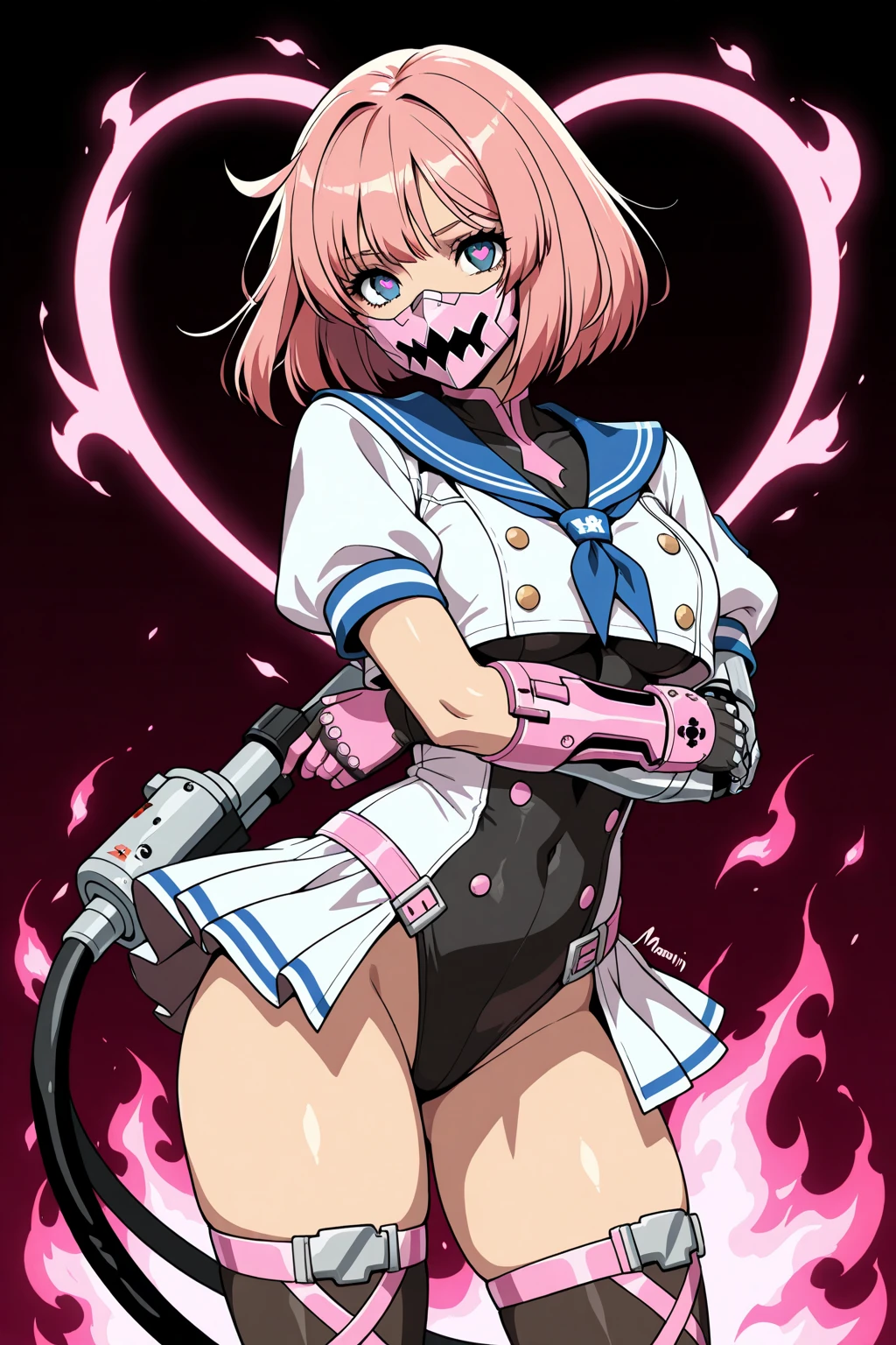 ultra-detailed, , Beautiful body, Beautiful Nose, Beautiful character design, perfect eyes, perfect face, ultra highres, 4K, beautiful legs, perfect legs, Nice hands, Perfect hand, Masterpiece, Best Quality, Highly detailed, illustration, absurdres, street fighter, doll suit, shadaloo doll, dollsuit, expressionless, blank eyes, looking at viewer, red gloves, emotionless, black latex, corrution, mind control, female combatant, full body, hypnotized, unhappy trance, full body suit, ribbed , both arms at side, obey, perfect female body, extremely glossy latex, hypnosis, hypnoLora, empty eyes, Mind control device, poses, submissive_pose, Slave, hat, necktie, stand up straight, standing, standing at attention, hat, necktie, belt, latex, ribbed , thighhighs, garter belt, Fighting Stance, extending the right arm from the shoulder into the air with a straightened hand,  saluting, military, military saluting, salute, thigh boots, 1girl, minato tomoka, short hair, one side up, hair ribbon, pink hair, short hair, pink eyes