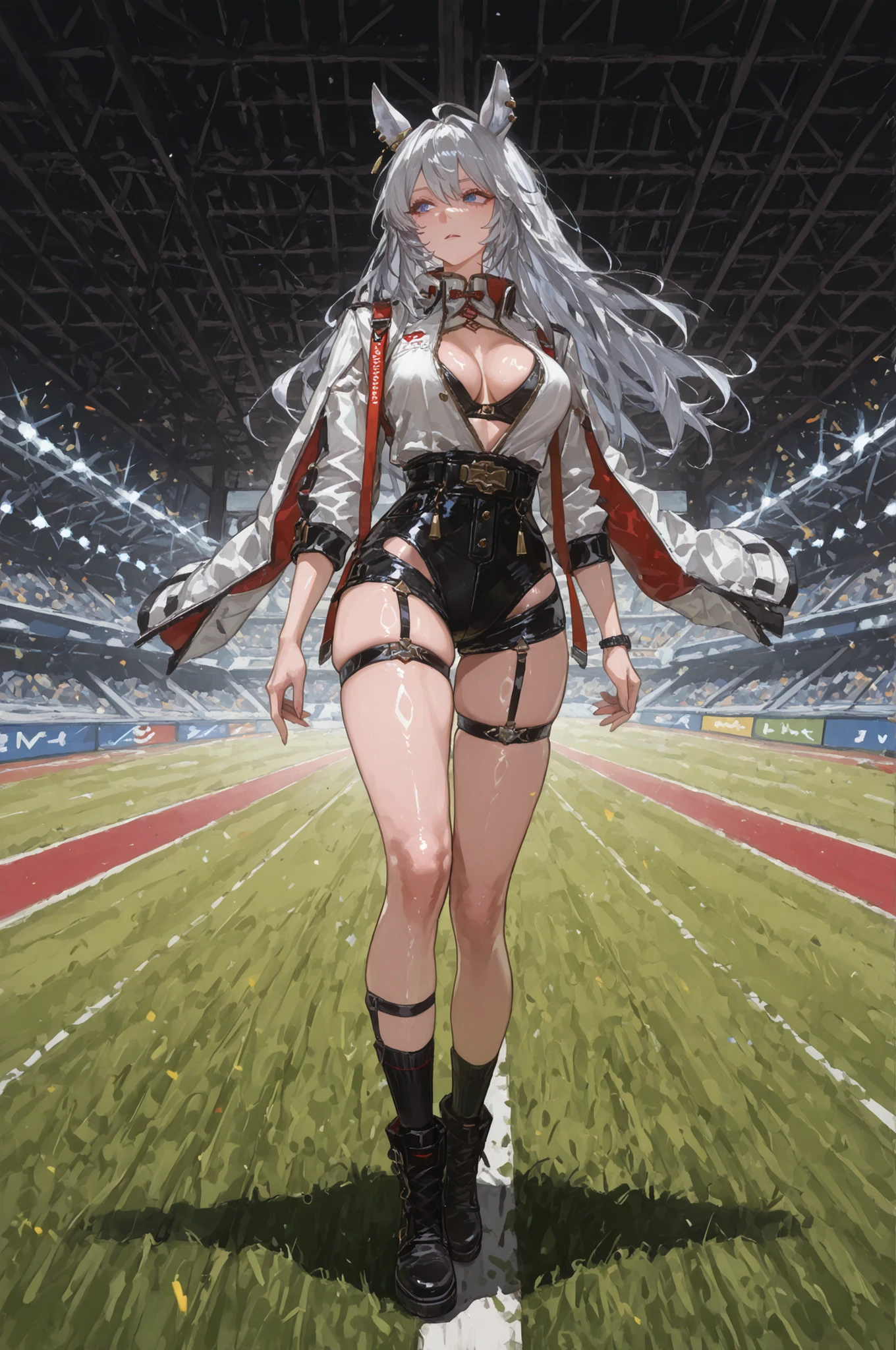 lawnの上、racecourse、緑のlawn、新緑のlawn、、Yee Xuan、Collapse Starrail、Racecourse、Uma Musume、horse ear、Jirio Mahonoko、 A sophisticated eye 、Full Body、GBF_style、748cm style for bigi、32K、semi-realistic、 super detailed description on the front 、art work、Original Work、 Detailed Color、 detailed eyes、 detailed face 、Detailed Eyes、detailed eyes、Exquisite eyes, The best傑作、professional job、Beautiful , Lots of Piercings, pop art, shiny skin, realistic skin, The best, long hair, blue eyes, cool look, narrowed her eyes, viewers, Silver Hair、lawn、Racecourse、Turf、Race Course 、dynamic pose 、緑のlawn,Racecourse、lawn、Black Knee Socks、緑のlawn、black hotpants、black hotpants、black tights、lawnの上、frustrated、Three-quarter sleeves、3/4 sleeve long coat、Red and white coat 、red and white two-tone coat、Garter Belt for One Leg、Yee Xuan、open clothes、black long boots